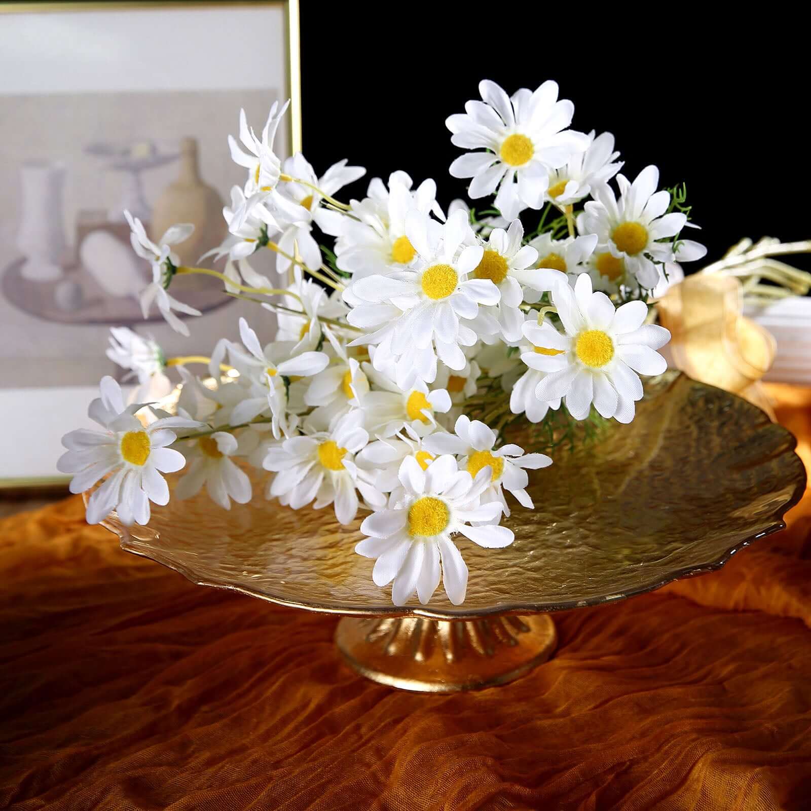 6-Bush White Artificial Silk Daisy Flower Stem Bouquet for Decor