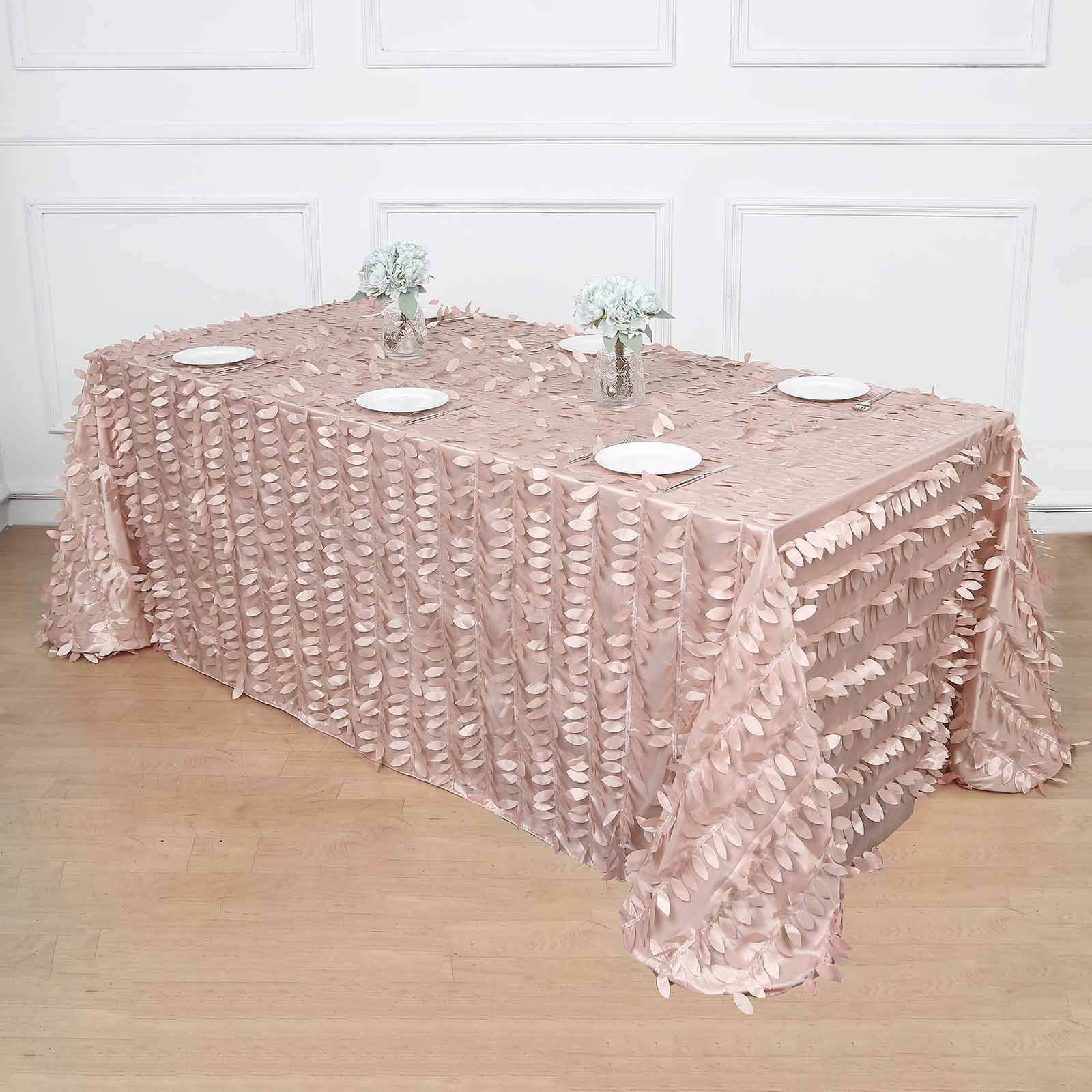 Dusty Rose Taffeta Rectangle Tablecloth 90x132 with 3D Seamless Leaf Petal Design