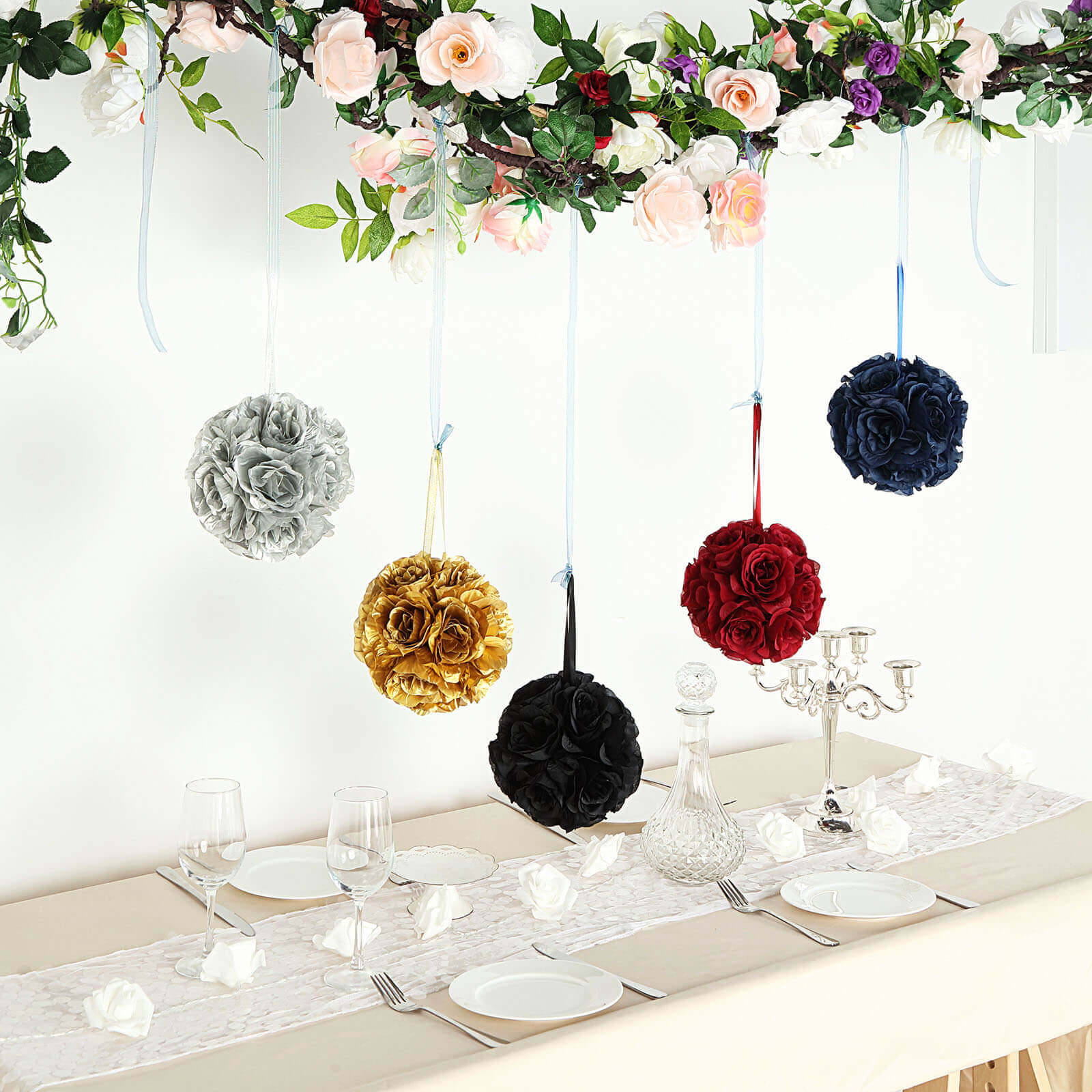 Hot Sale! 2-Pack 7-Inch Black Artificial Silk Rose Kissing Balls for Party Decor