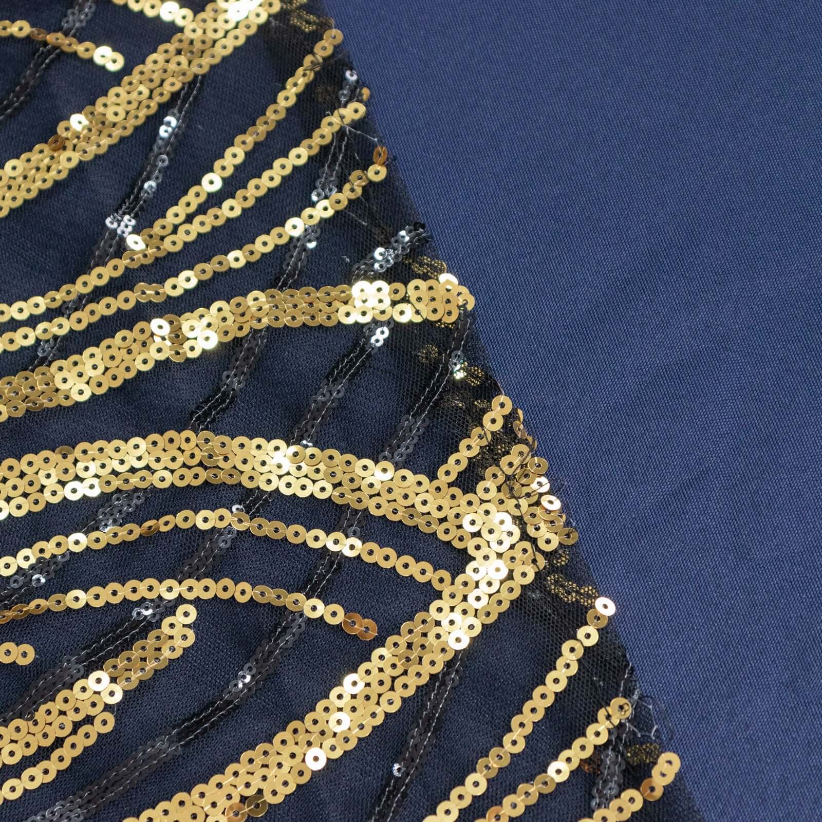 Black/Gold Sparkly Wave Sequin Embroidered Mesh Rectangle Tablecloth 90x156