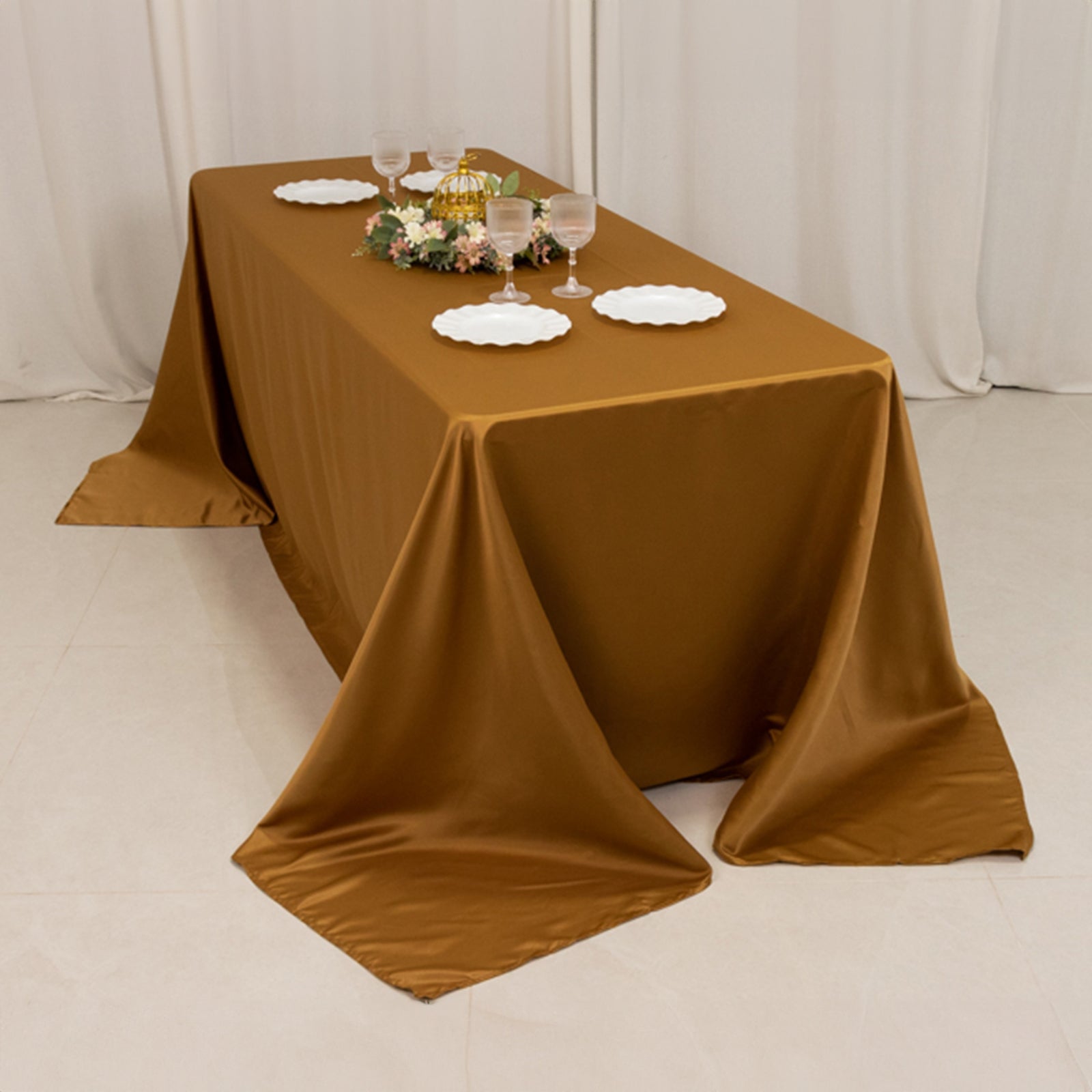 Luxurious Gold Lamour Satin 90x132 Rectangle Seamless Tablecloth for Weddings and Parties