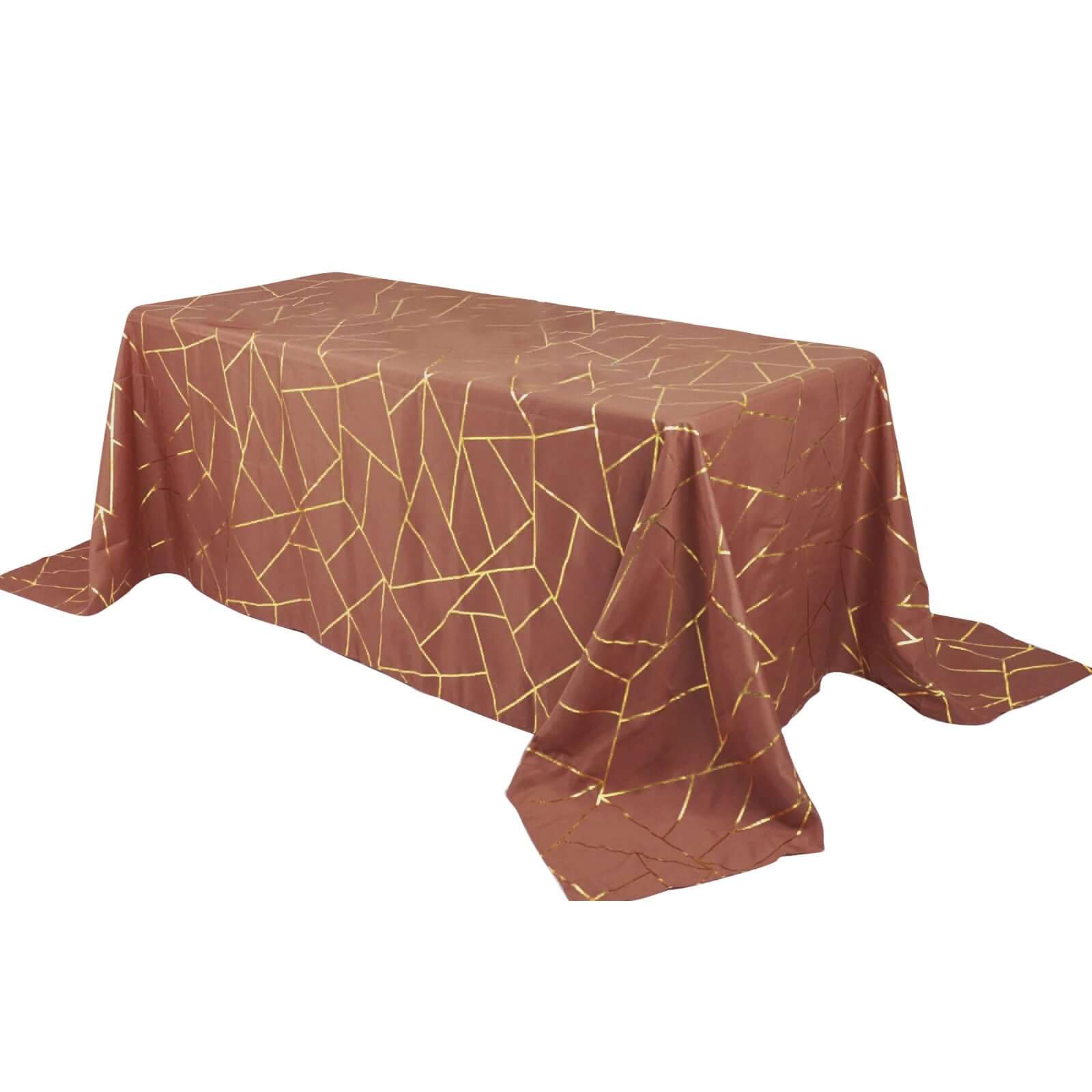 Wrinkle-Resistant Seamless Polyester Tablecloth: Terracotta with Gold Foil Geometric Pattern (90x132) - Ideal for Events