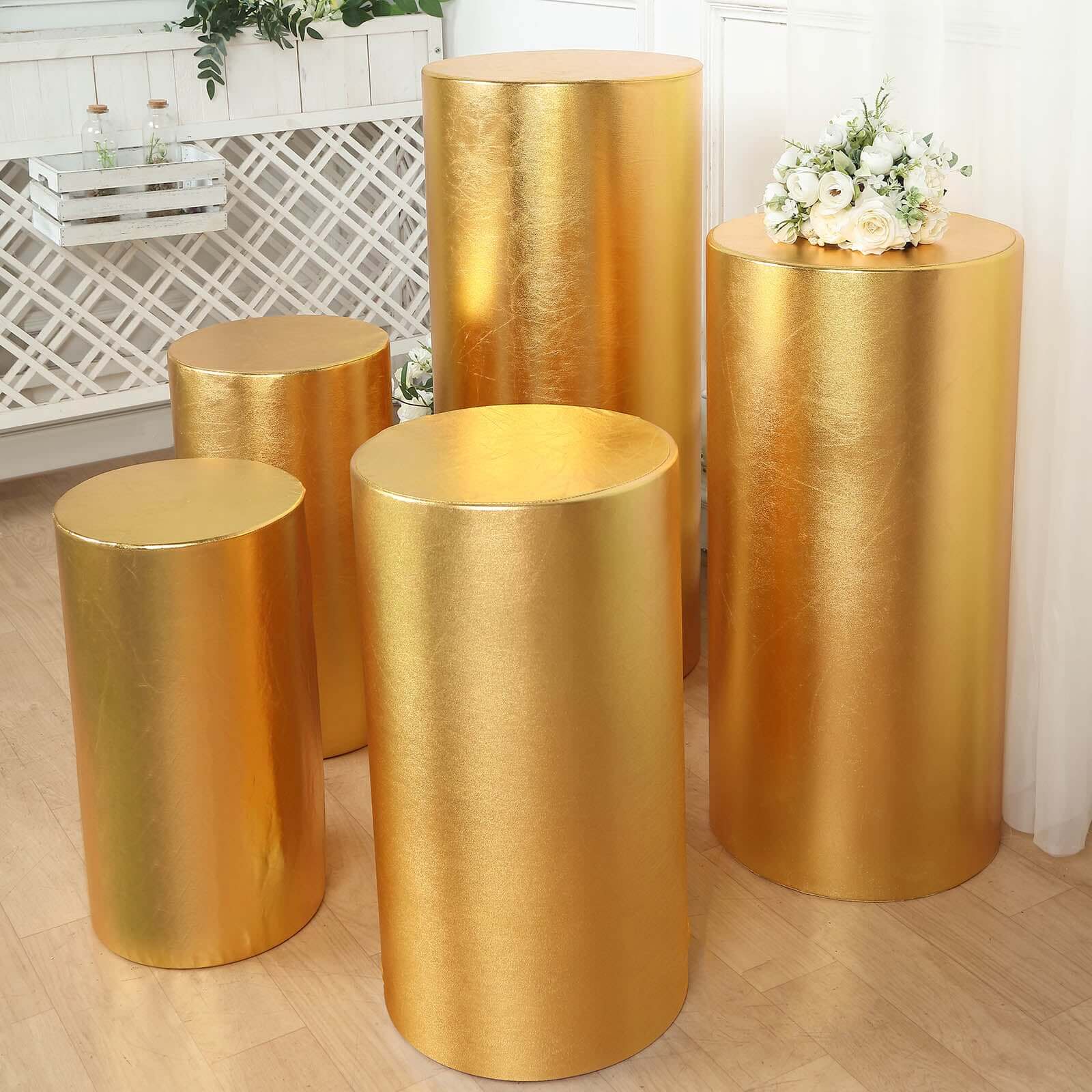 Special Offer! Set of 5 Shiny Metallic Gold Spandex Cylinder Pedestal Stand Covers - 130 GSM