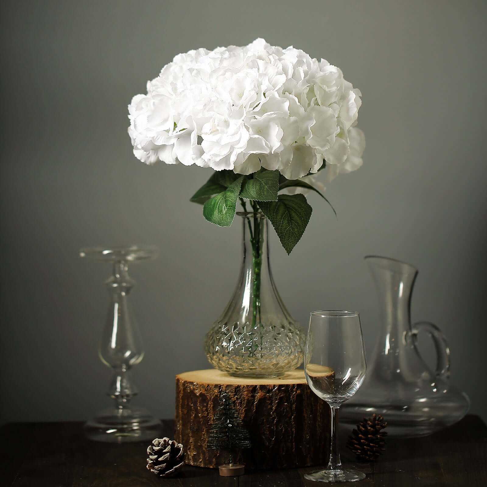 Set of 5 White Artificial Silk Hydrangea Flower Bushes for Decor