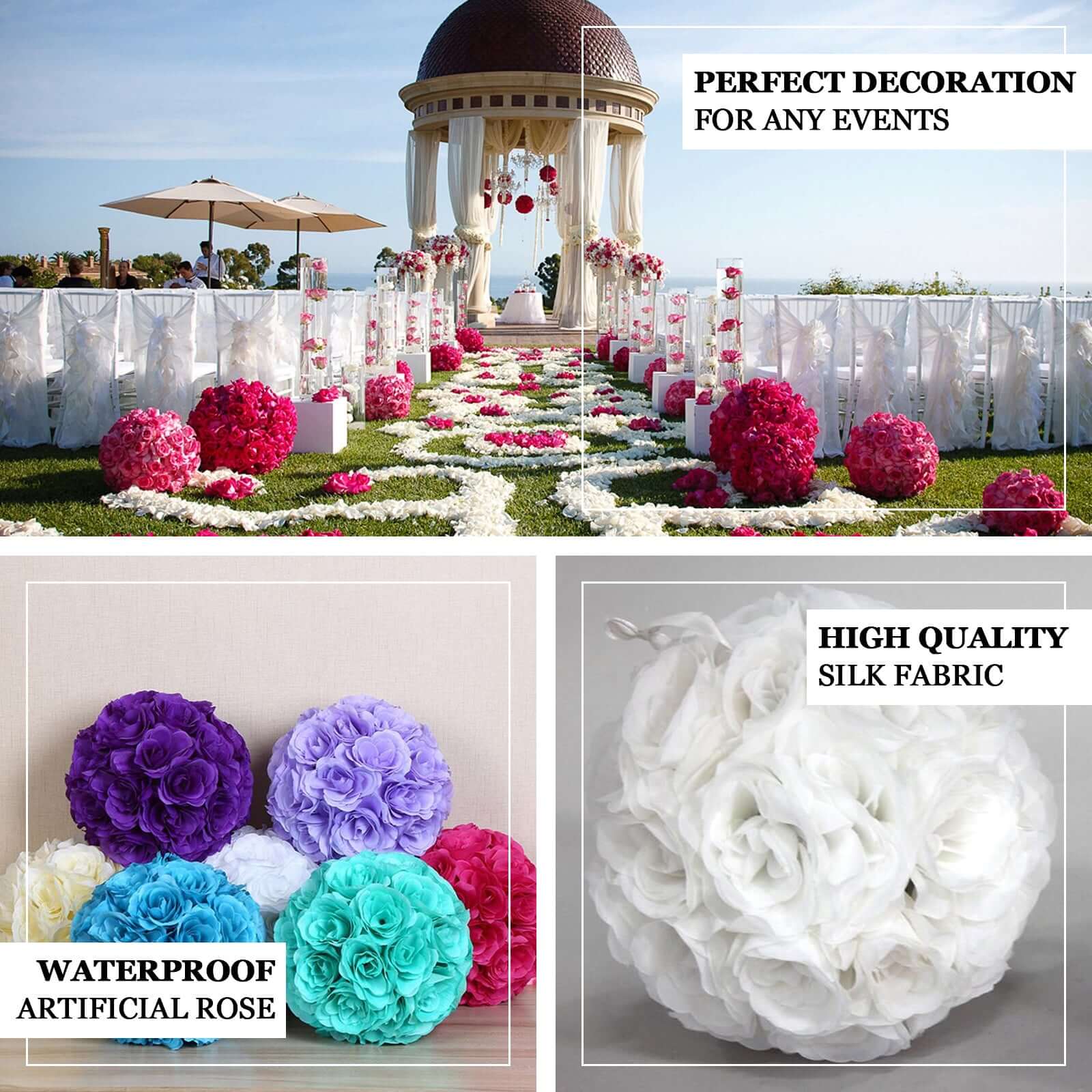 2-Pack Set of 7-Inch White Artificial Silk Rose Kissing Faux Flower Balls