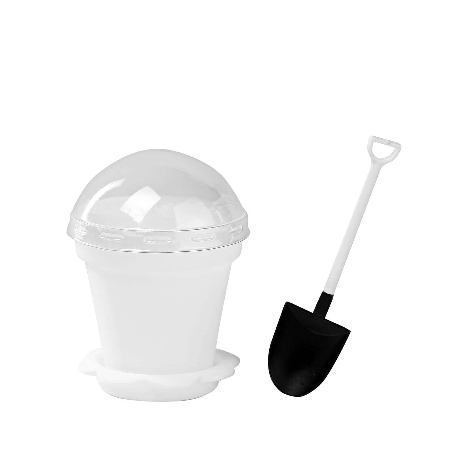 12-Piece White Plastic Dessert Cups with Succulent Planter Design, Lids and Shovels