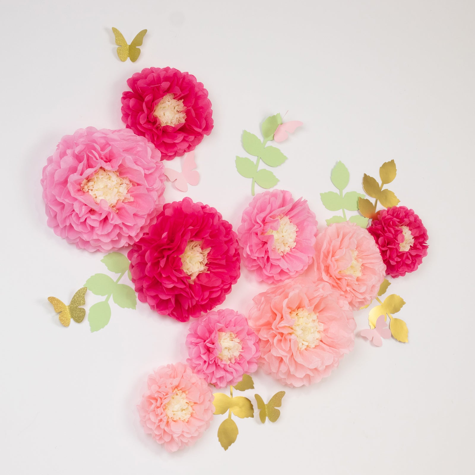 Hot Sale! Set of 21 Tissue Paper Chrysanthemum Pom Poms Decor Kit in Blush Pink with Butterflies & Olive Leaves
