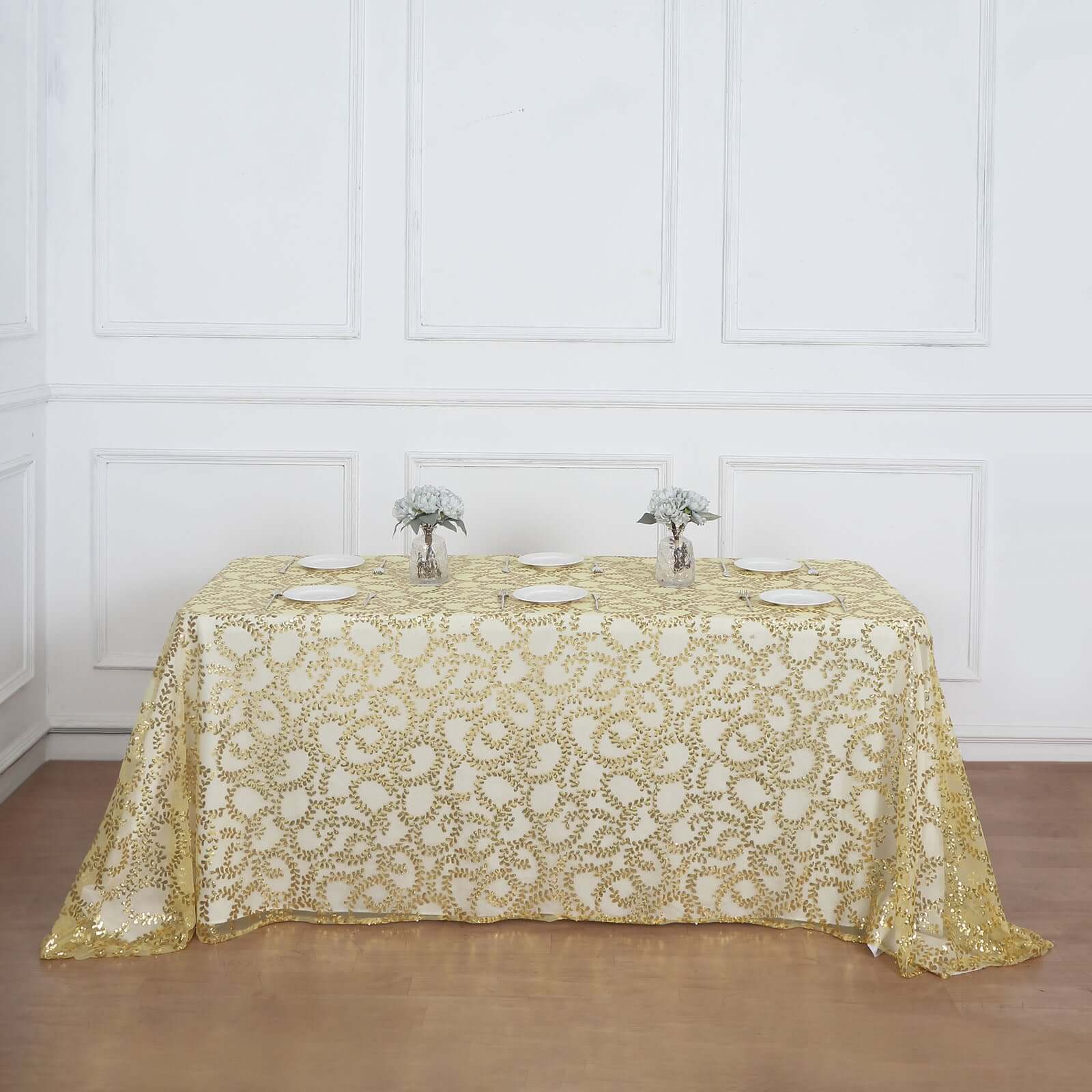Luxurious Gold Sequin Leaf-Embroidered 90x156 Rectangle Tablecloth for Grand Celebrations