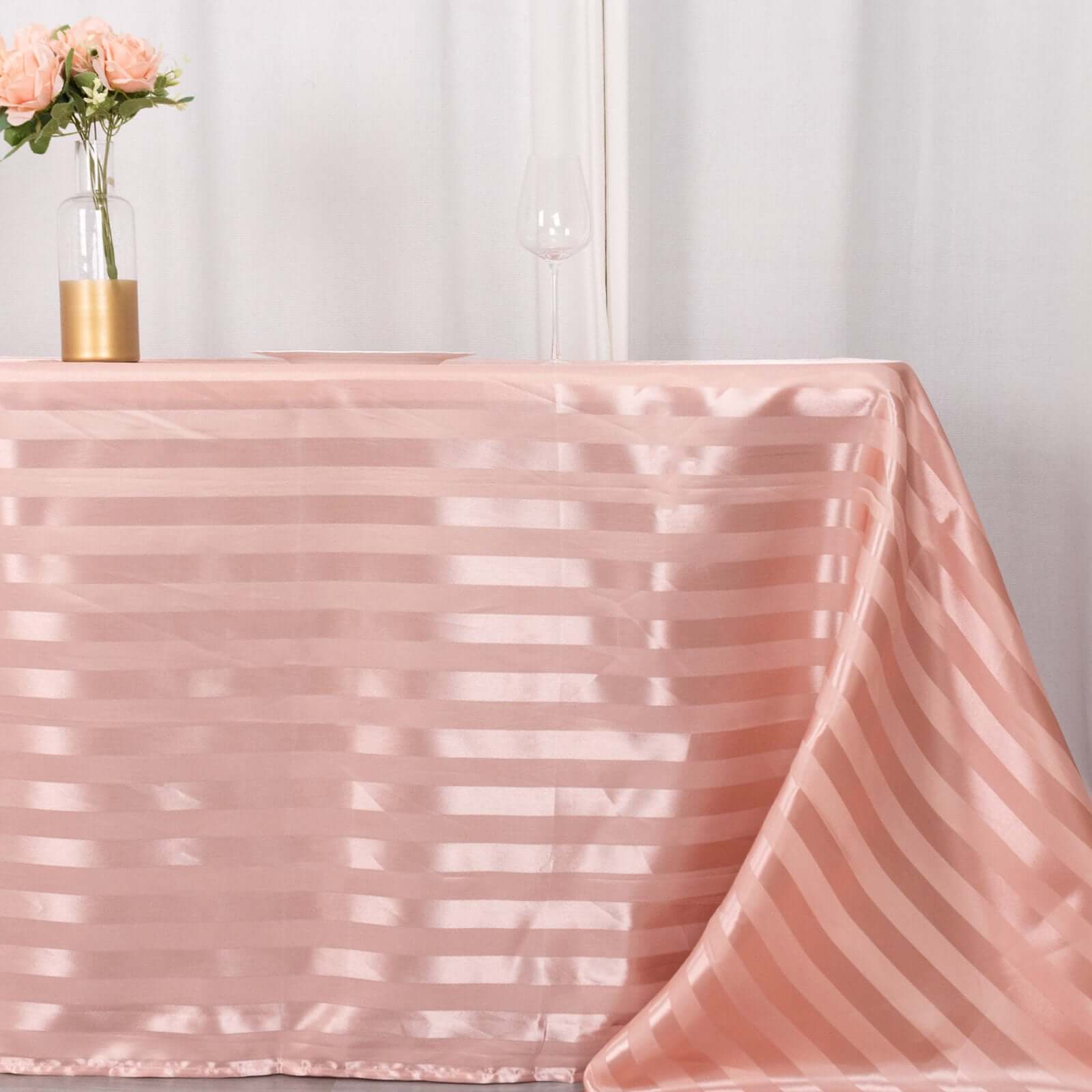 Hot Deal! Dusty Rose Satin Rectangular Tablecloth with Glossy Stripes, 90x132 inches