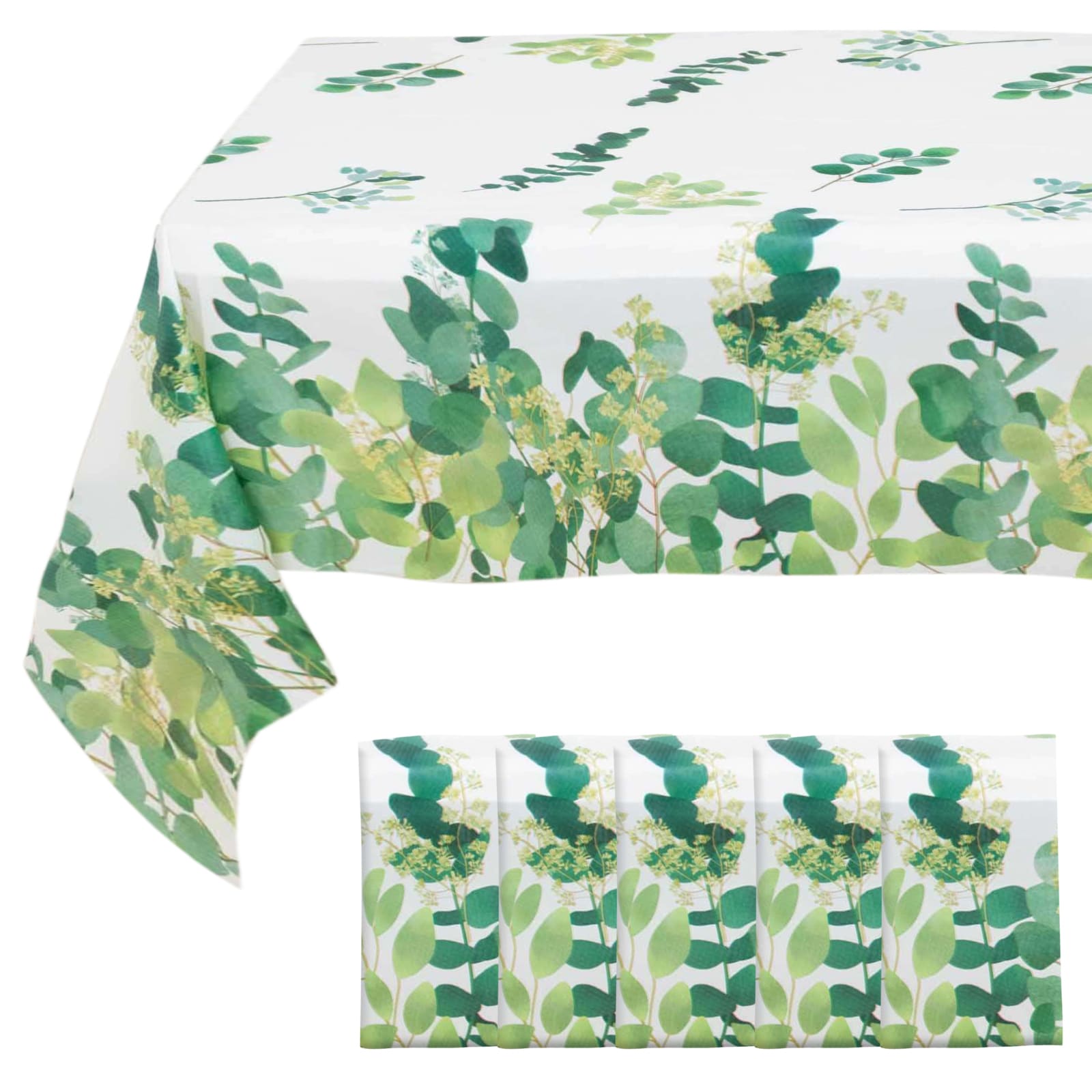 Hot Deal! 5-Pack Disposable PVC Plastic Table Covers in White/Green with Eucalyptus Print, 54x108