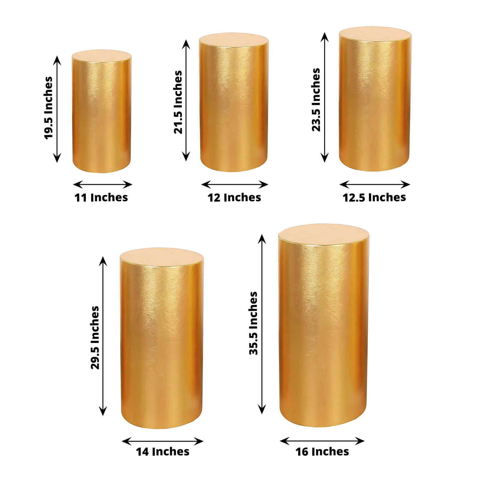 Special Offer! Set of 5 Shiny Metallic Gold Spandex Cylinder Pedestal Stand Covers - 130 GSM