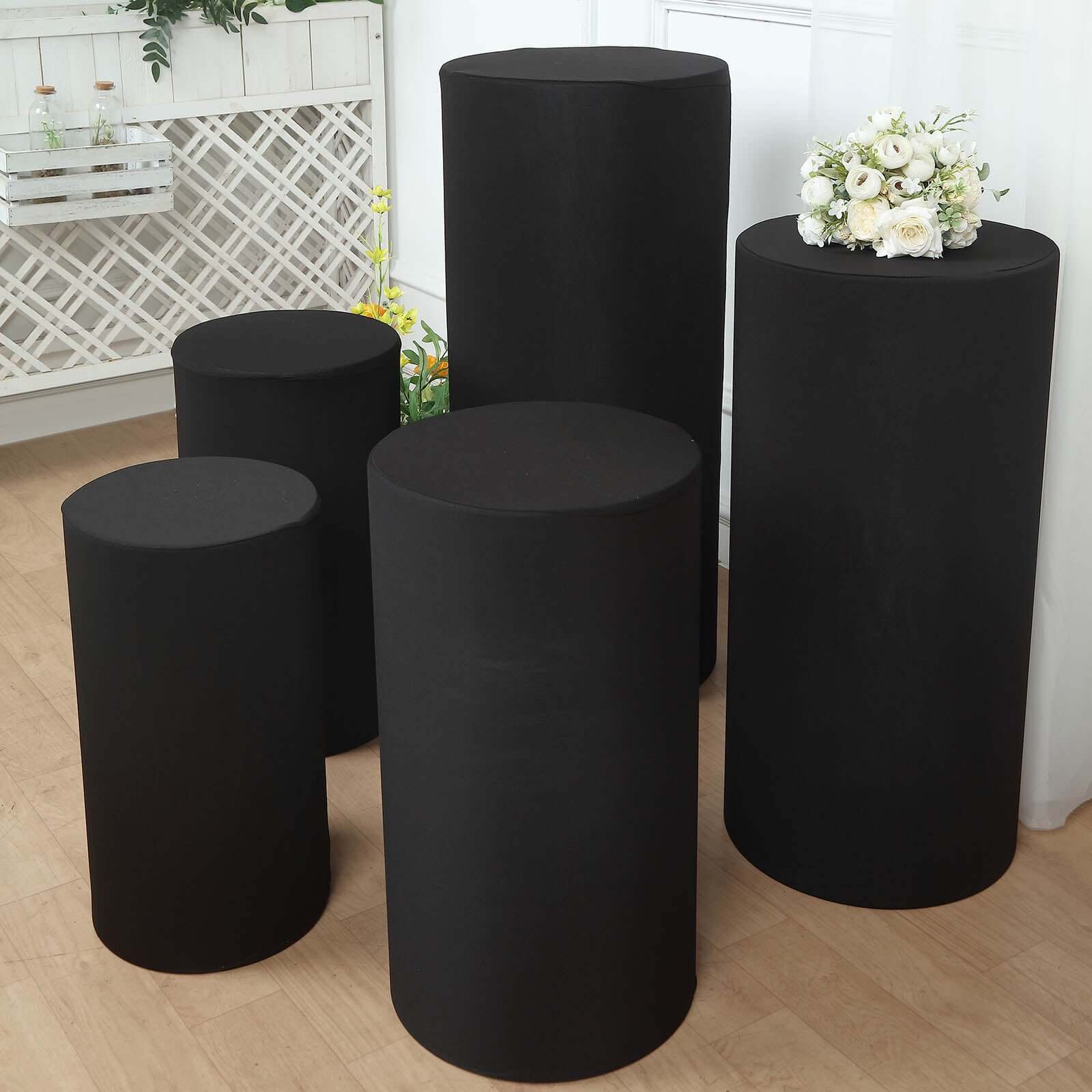 Stretchable 160 GSM Black Spandex Set of 5 Cylinder Pedestal Stand Covers