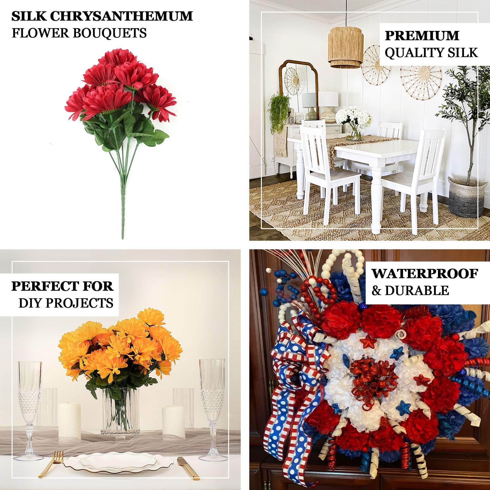 Hot Sale! 12 Bushes of Red Artificial Silk Chrysanthemum Flower Bouquets for Decor
