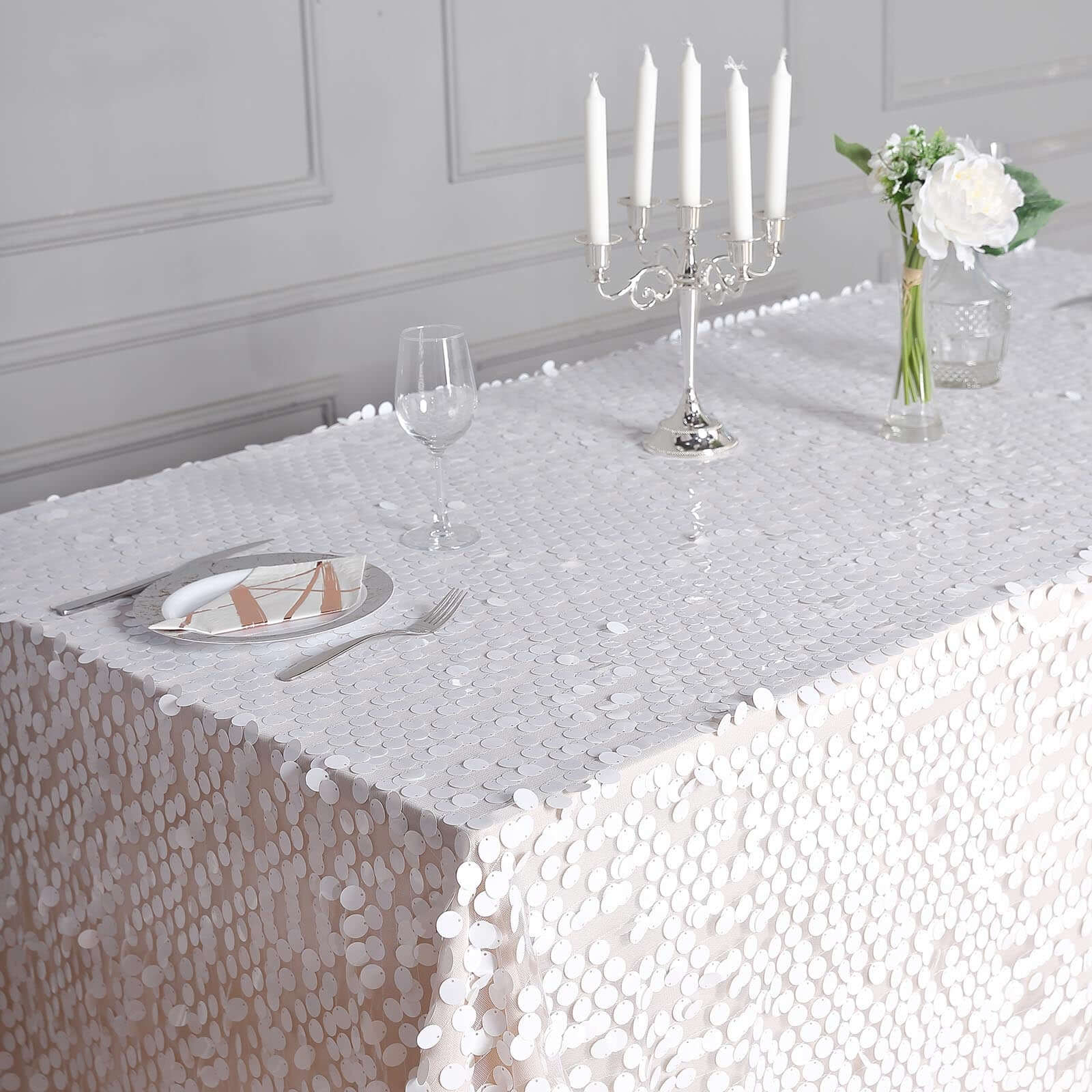 Exclusive Seamless White Sequin Tablecloth, 90x156 Rectangle