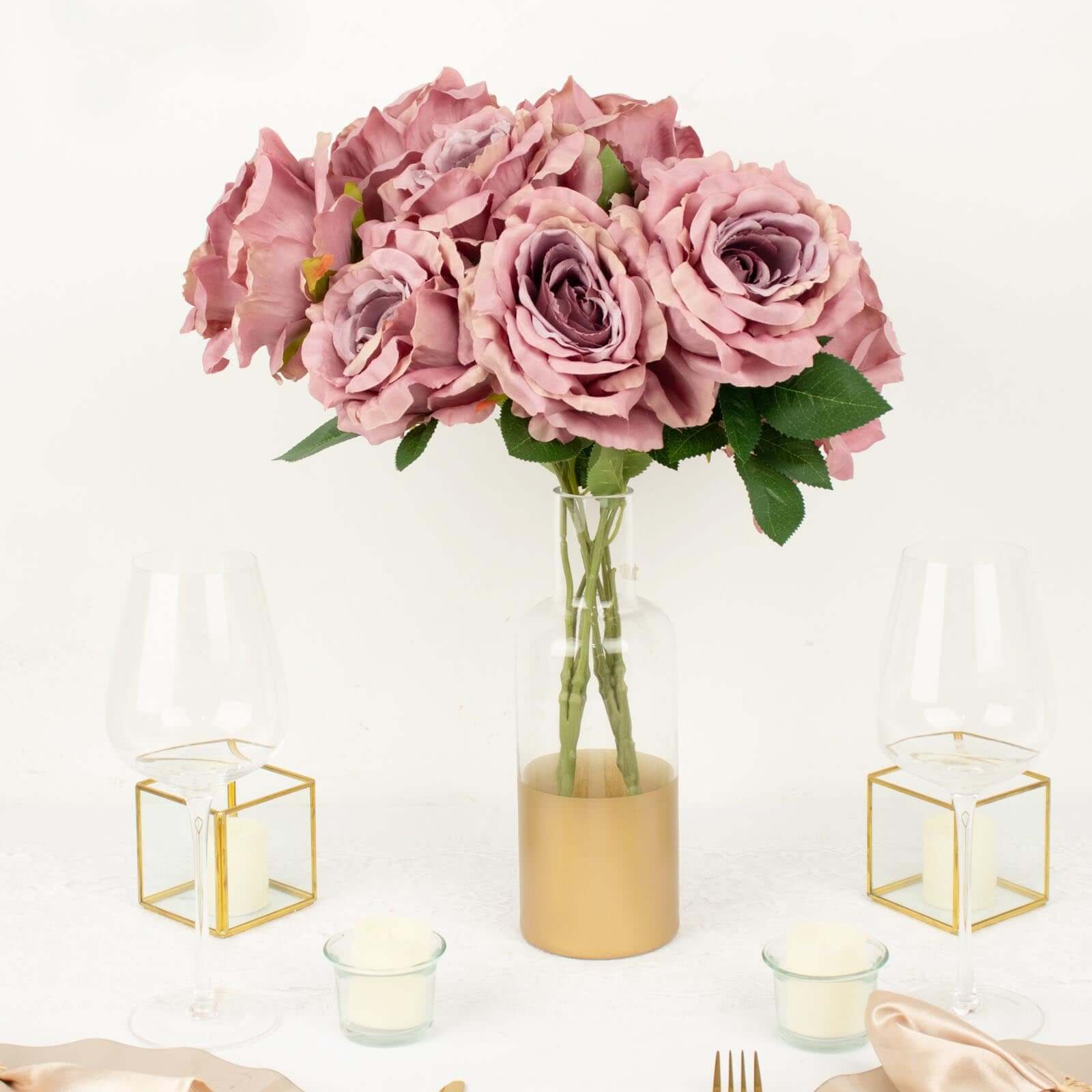 2 Bushes 17-Inch Dusty Rose Premium Silk Jumbo Rose Bouquet for Weddings and Decor