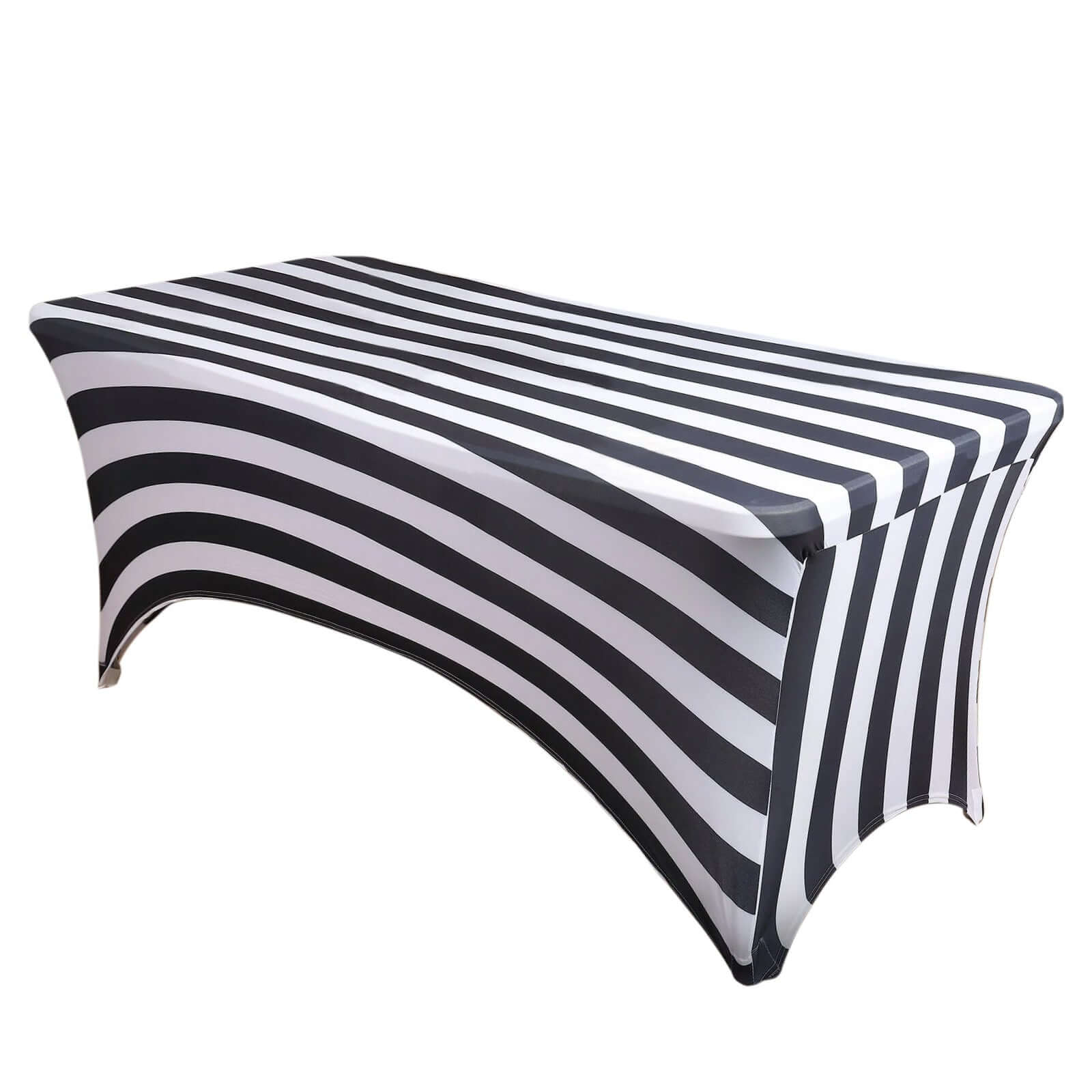 Exclusive Durable 8ft Stretch Spandex Rectangle Tablecloth with Black/White Vertical Stripes for Events