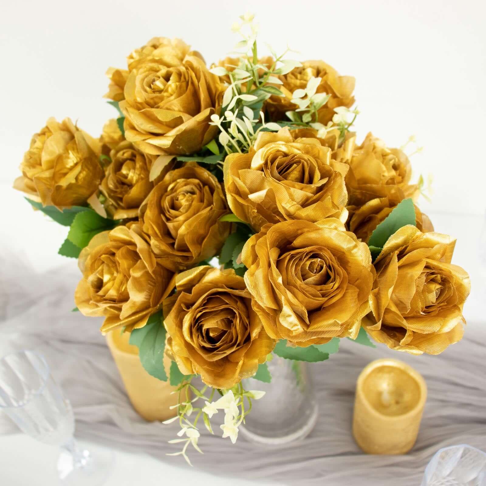 2 Bushes of 18 Realistic Touch Gold Silk Artificial Rose Flower Bouquets with Long Stems
