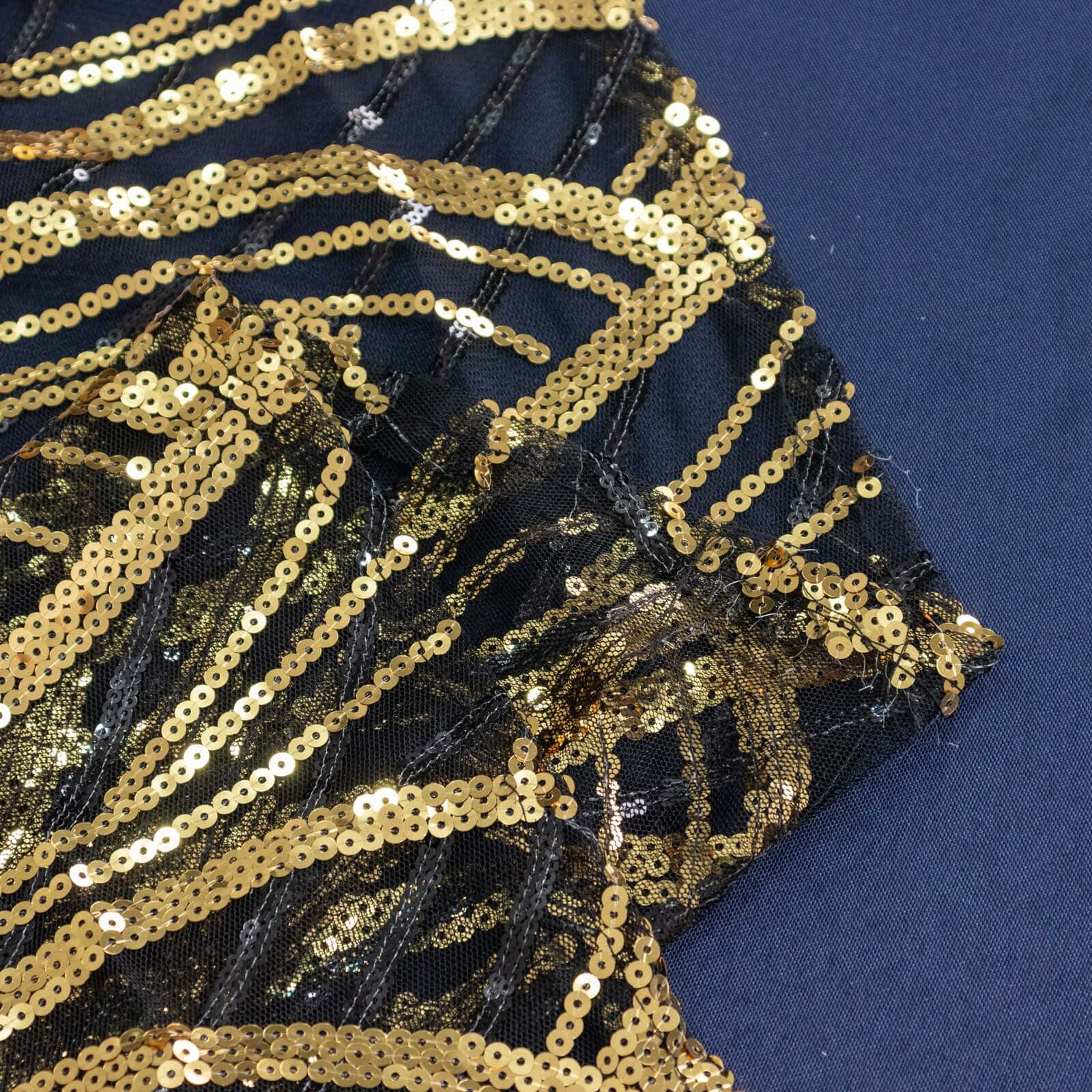 Black/Gold Sparkly Wave Sequin Embroidered Mesh Rectangle Tablecloth 90x156