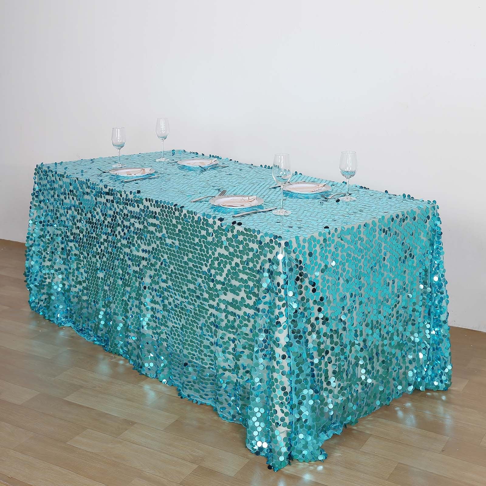 Turquoise Seamless 90x132 Rectangle Sequin Tablecloth for Big Payette Tables
