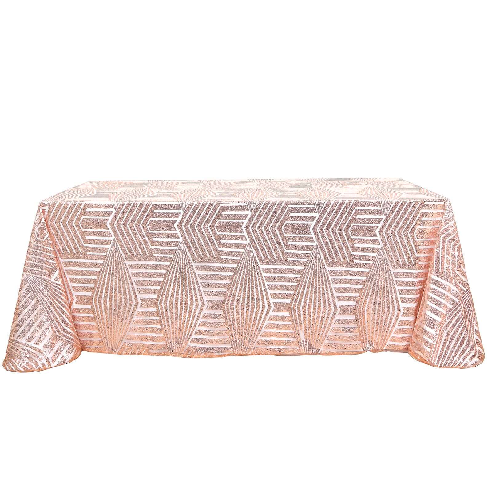 Hot Sale! Rose Gold Sequin Rectangle Tablecloth with Diamond Pattern, 90x132 Size