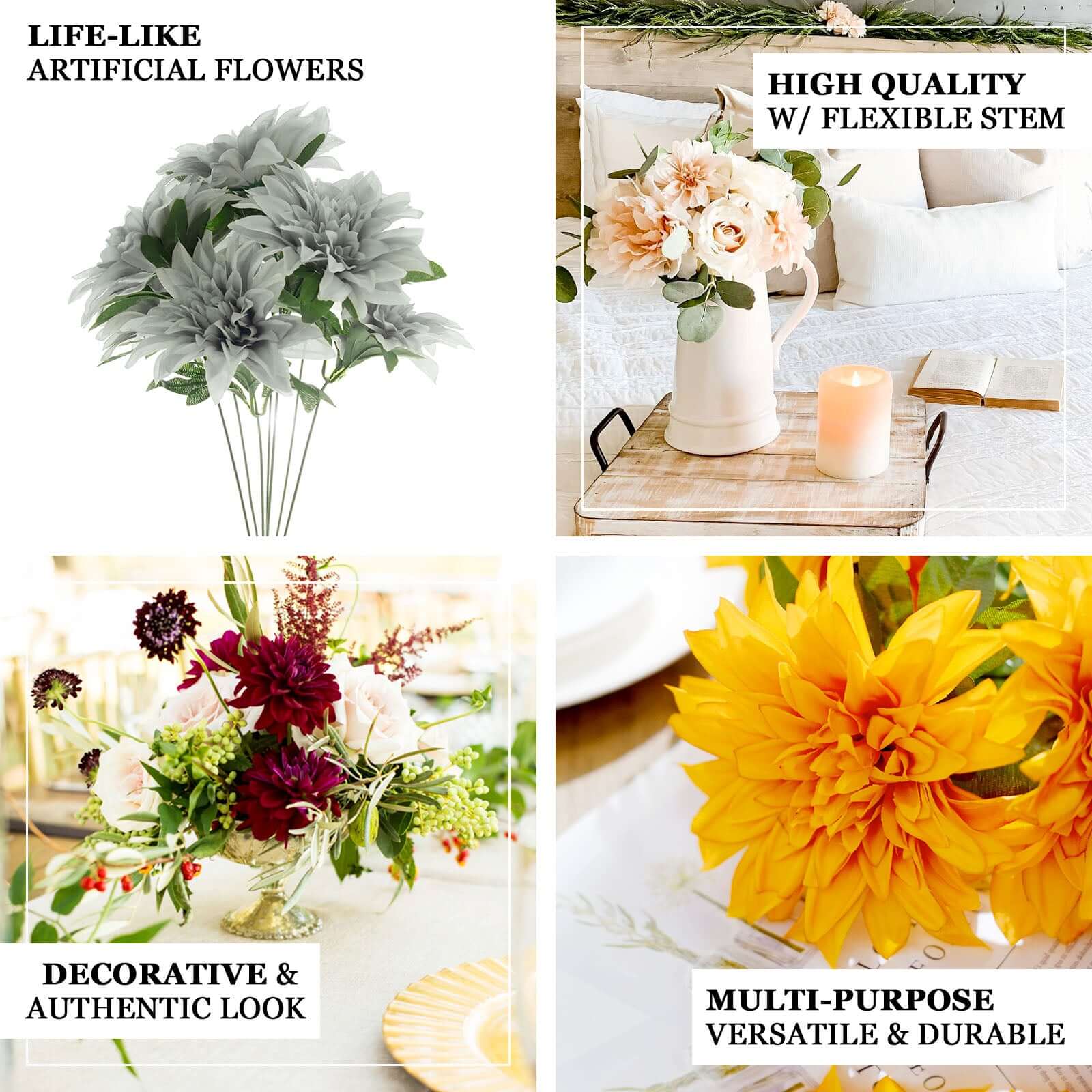 2 Bouquets of 20 Lifelike White Artificial Silk Dahlia Flower Spray Bushes
