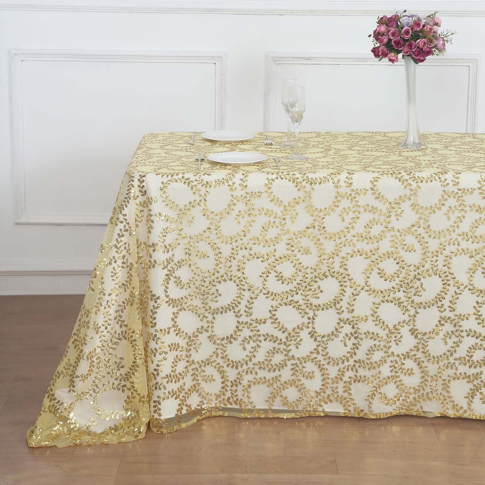 Luxurious Gold Sequin Leaf-Embroidered 90x156 Rectangle Tablecloth for Grand Celebrations