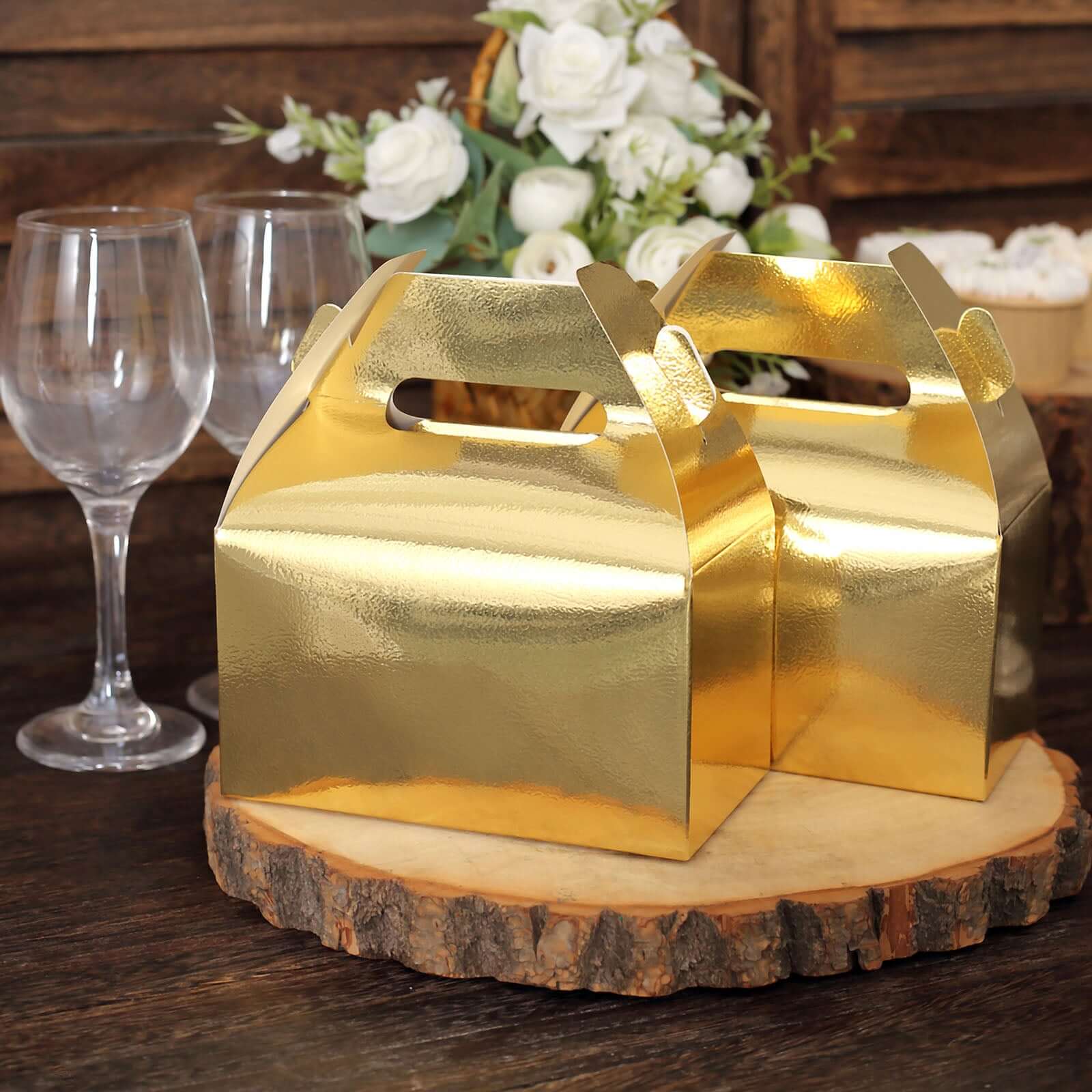 25-Pack Metallic Gold Party Favor Gable Tote Boxes for Candy Gifts, 6x3.5x7
