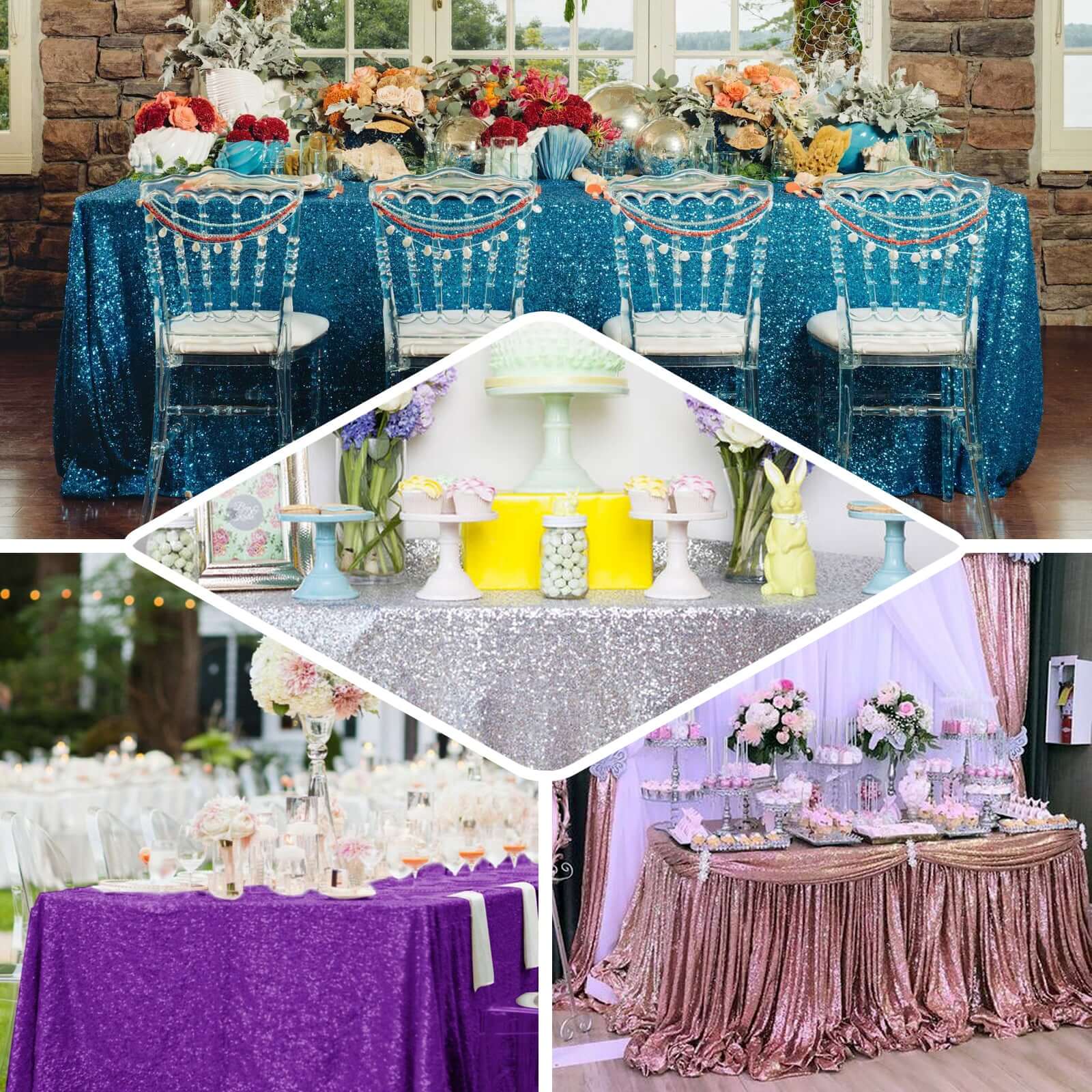 Royal Blue Seamless Sequin Rectangle Tablecloth, 90x156 Inches