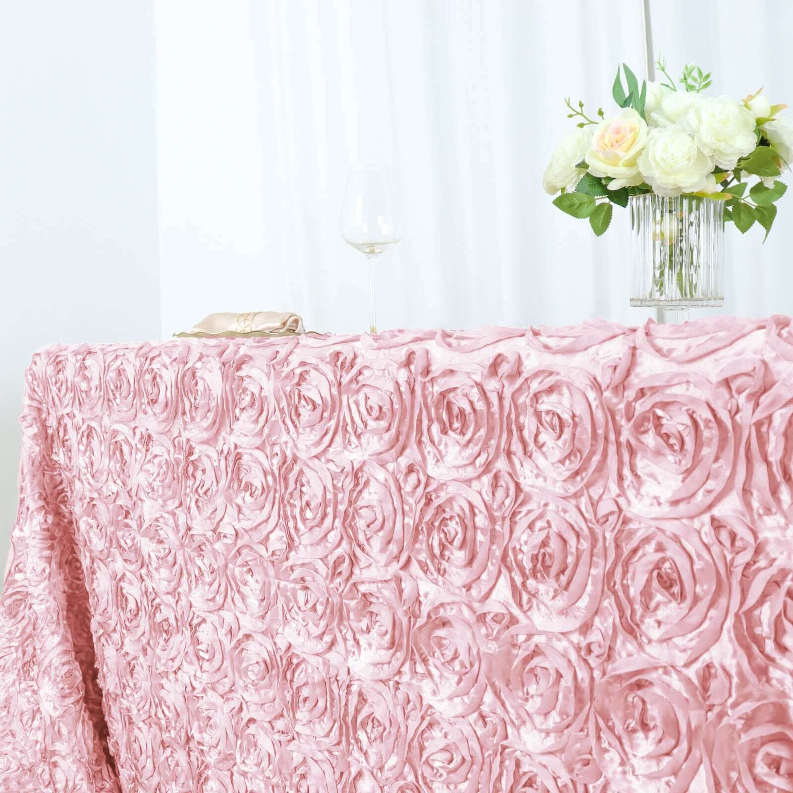 Hot! Blush Satin 90x156 Rectangle 3D Rosette Tablecloth with Seamless Finish