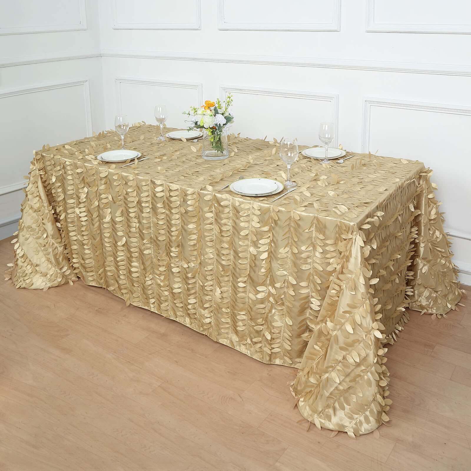 Champagne Taffeta Rectangle Tablecloth with 3D Leaf Petal Design - Perfect for Events!