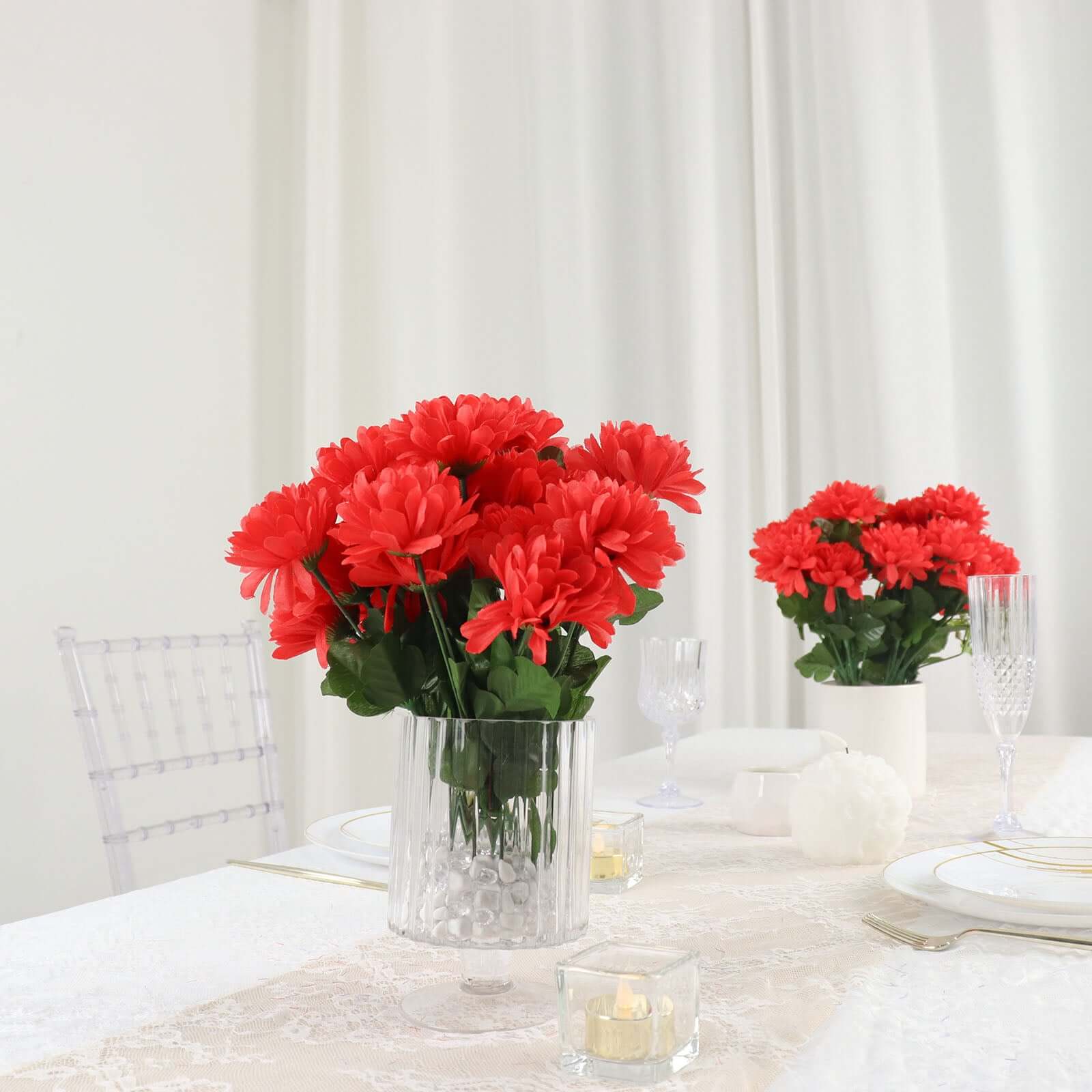 Hot Sale! 12 Bushes of Red Artificial Silk Chrysanthemum Flower Bouquets for Decor