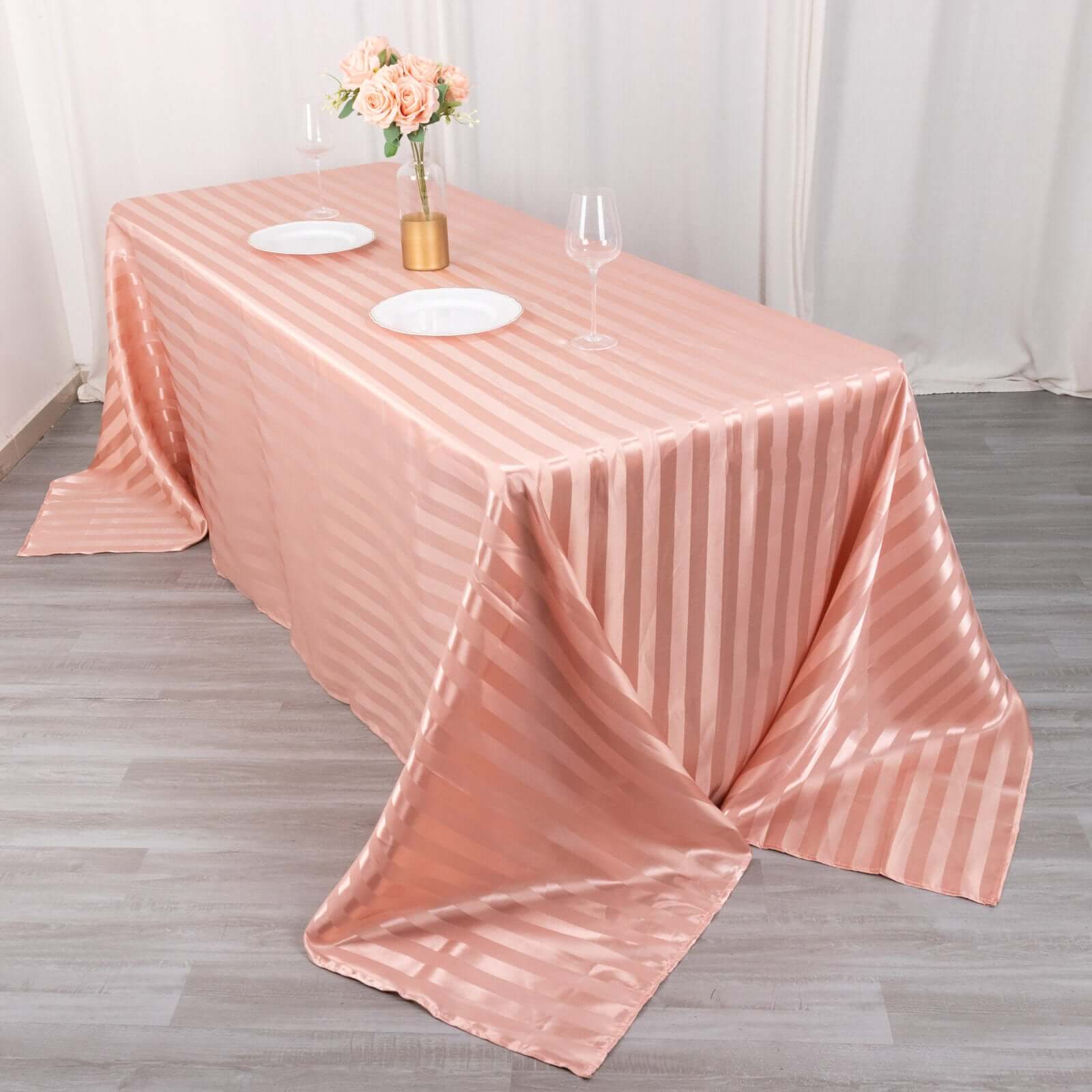 Hot Deal! Dusty Rose Satin Rectangular Tablecloth with Glossy Stripes, 90x132 inches