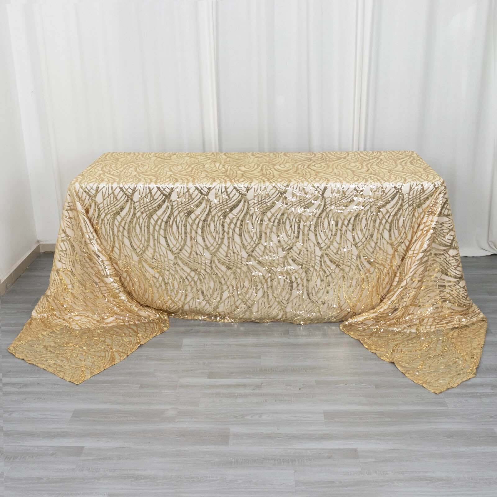 Champagne Sequin-Embroidered Mesh Rectangle Tablecloth 90x156 with Wave Pattern