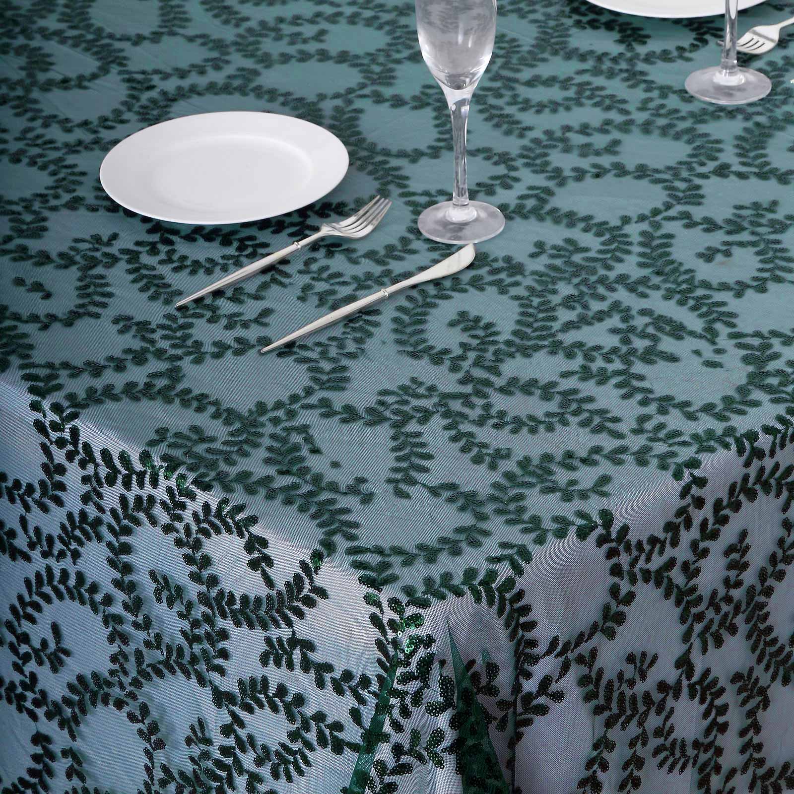 Hunter Emerald Green Sequin Leaf Embroidered 90x156 Rectangle Tulle Tablecloth