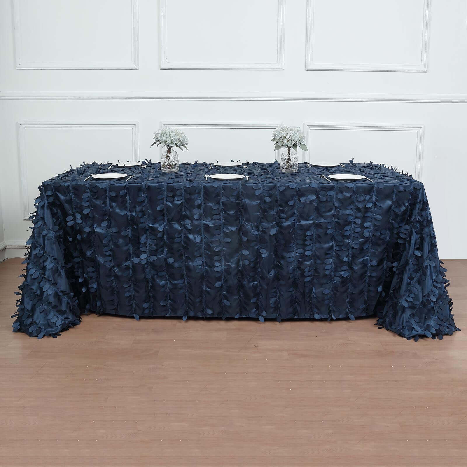 Navy Blue Taffeta Rectangle Tablecloth 90x132 with 3D Leaf Petal Design