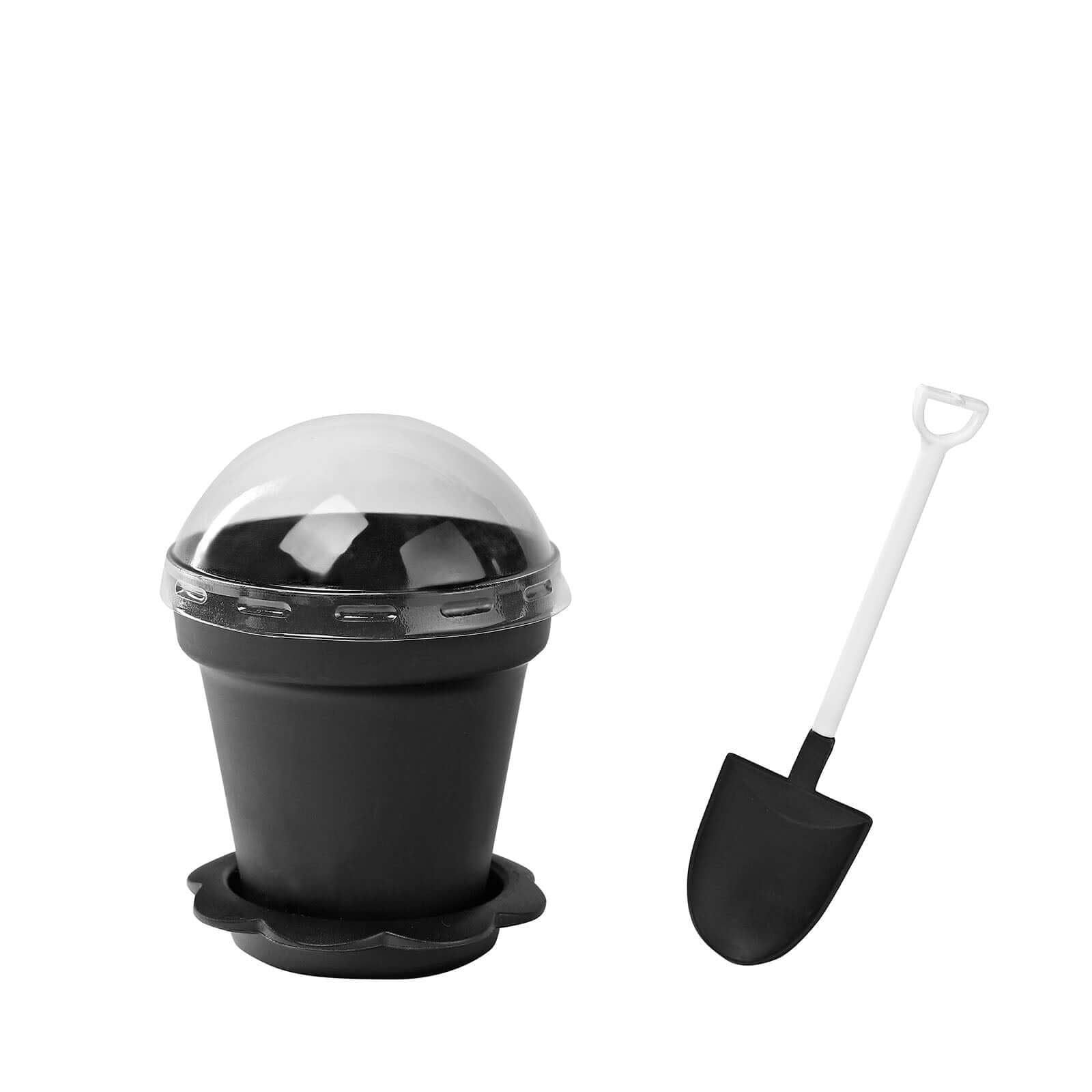 12-Pack Black Plastic Dessert Cups with Succulent Planter Design, Lids & Shovels