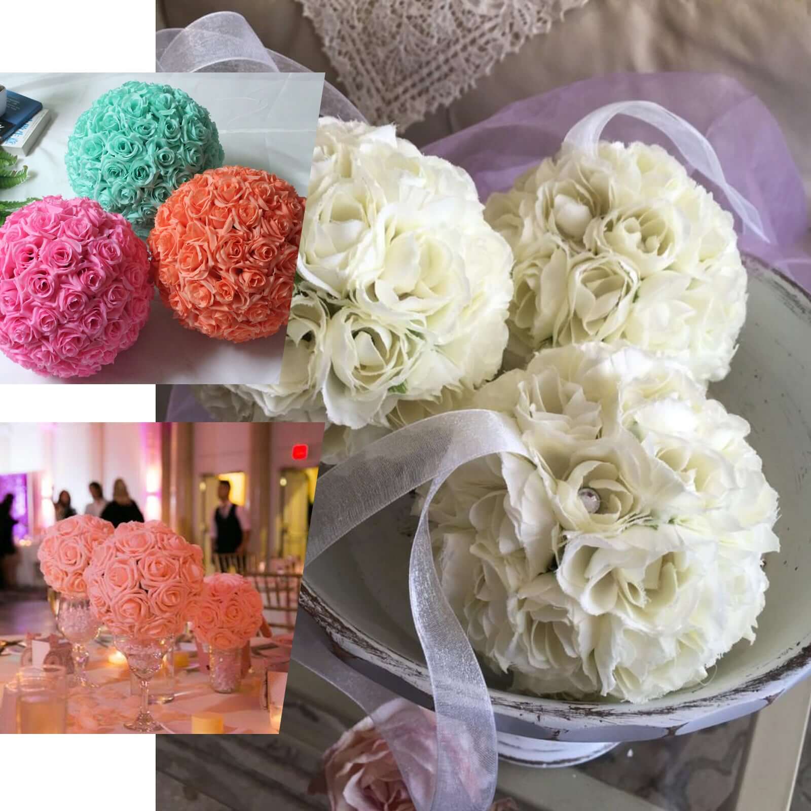 2-Pack Set of 7-Inch White Artificial Silk Rose Kissing Faux Flower Balls