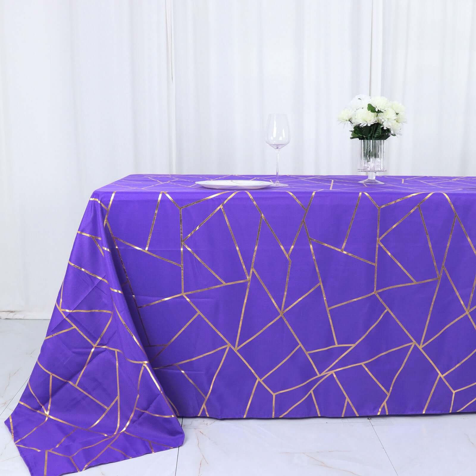 Wrinkle-Resistant Purple Polyester Tablecloth with Gold Foil Geometric Pattern, 90x132