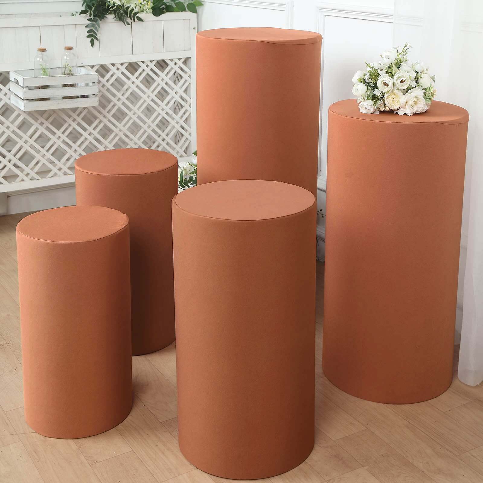 5-Piece Terracotta Spandex Cylinder Pedestal Stand Covers, 160 GSM - Great for Decor!