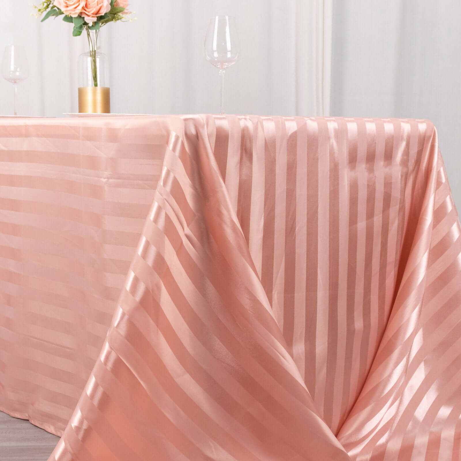 Hot Deal! Dusty Rose Satin Rectangular Tablecloth with Glossy Stripes, 90x132 inches