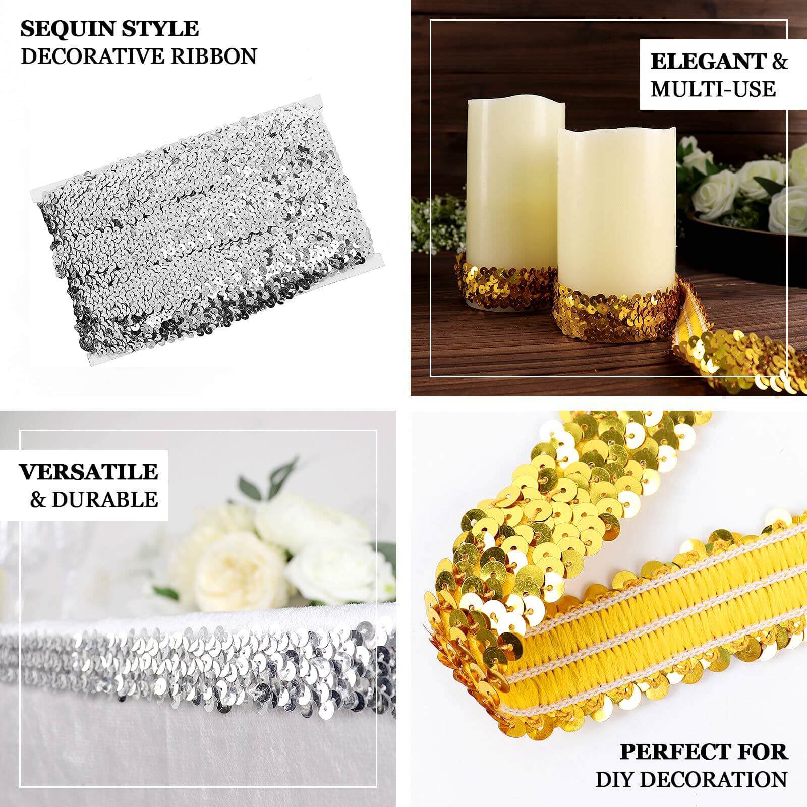 Hot Sale! 10-Yard Gold Metallic Sequin Stretch Fabric Ribbon for Crafting