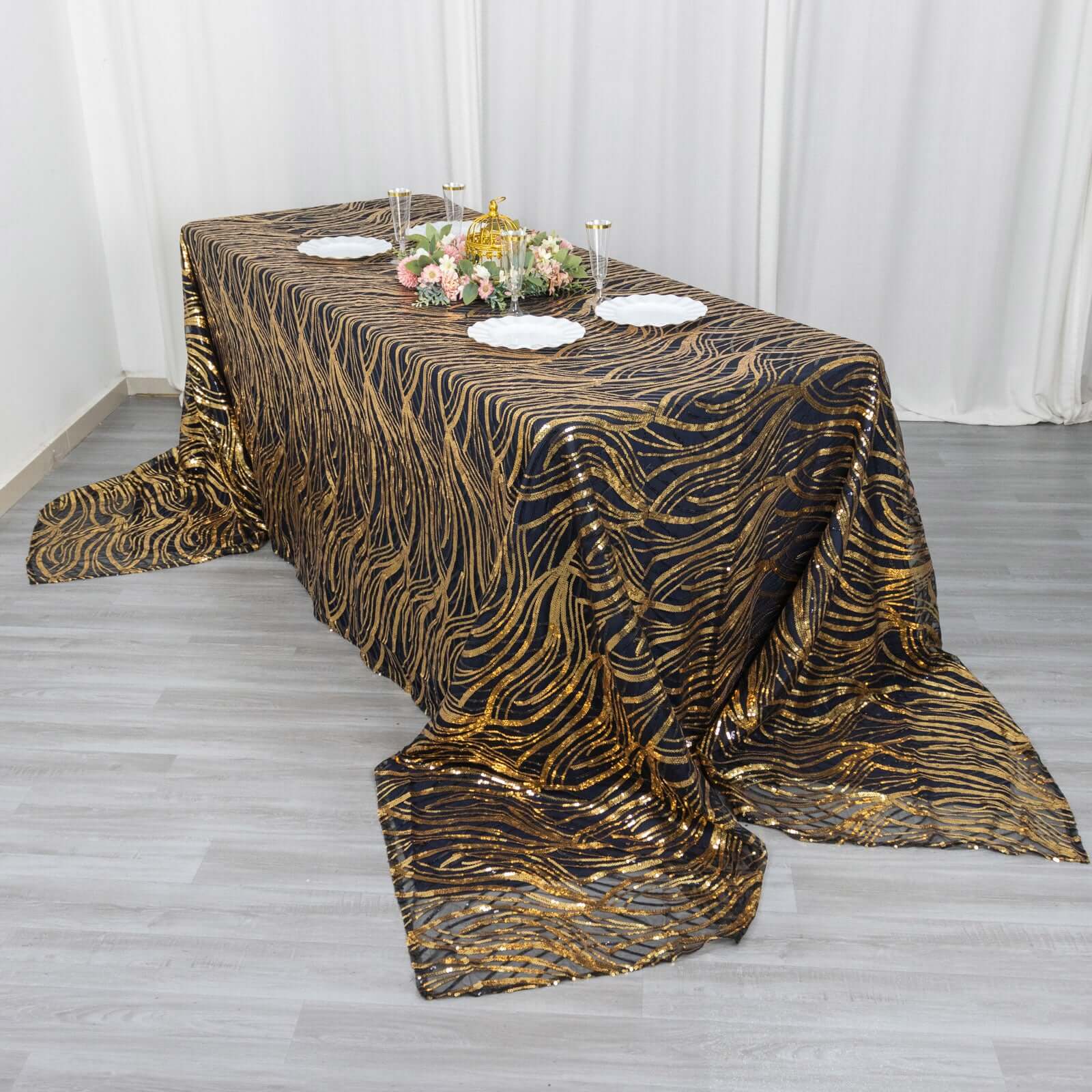 Black/Gold Sparkly Wave Sequin Embroidered Mesh Rectangle Tablecloth 90x156