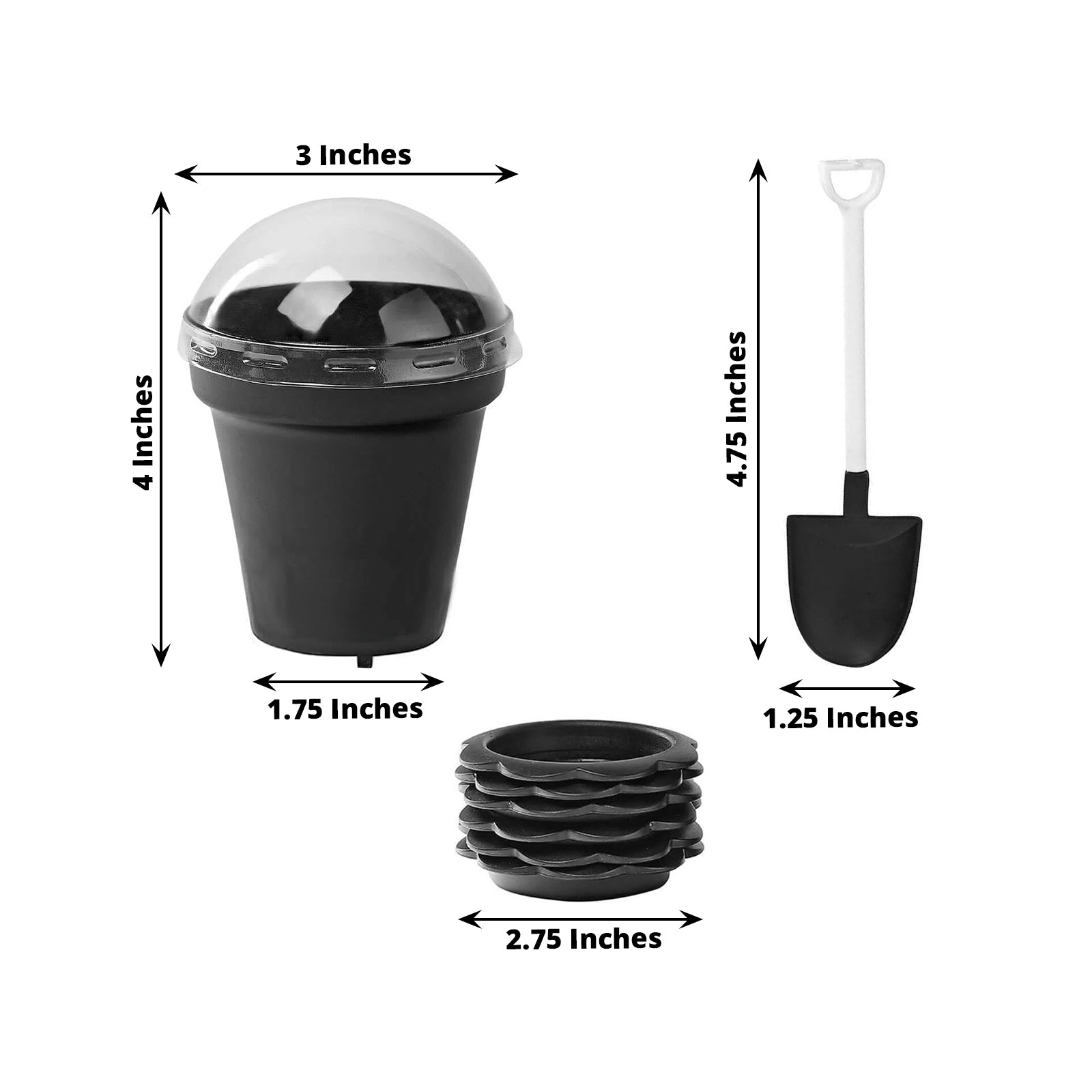 12-Pack Black Plastic Dessert Cups with Succulent Planter Design, Lids & Shovels