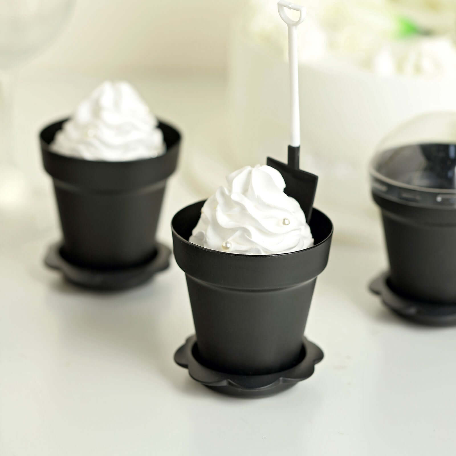 12-Pack Black Plastic Dessert Cups with Succulent Planter Design, Lids & Shovels