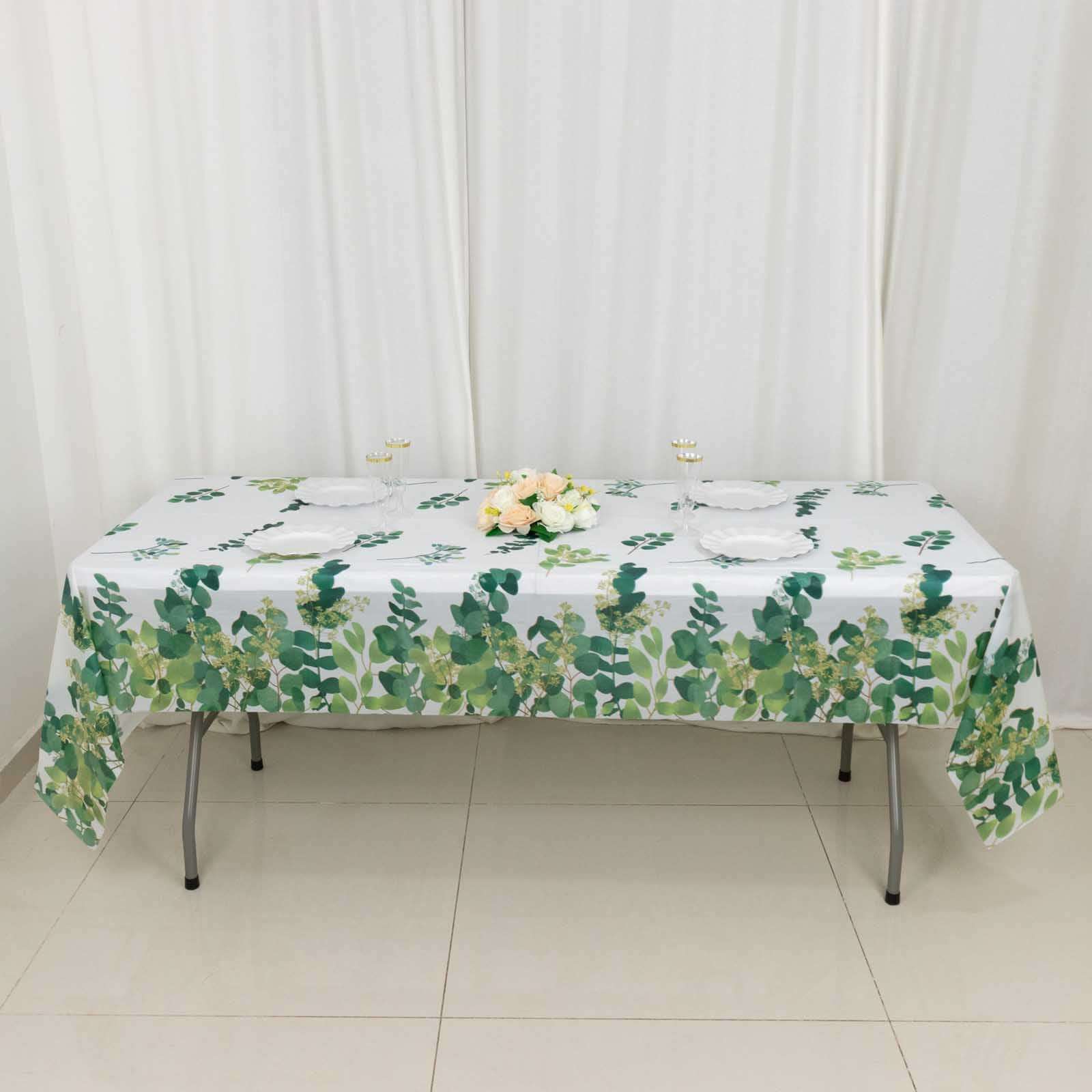 Hot Deal! 5-Pack Disposable PVC Plastic Table Covers in White/Green with Eucalyptus Print, 54x108