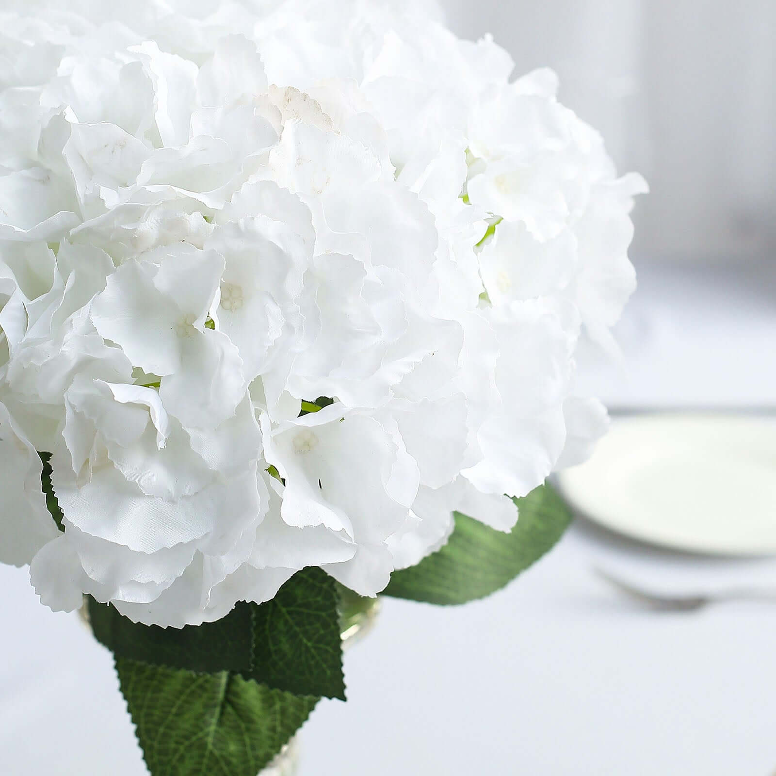 Set of 5 White Artificial Silk Hydrangea Flower Bushes for Decor
