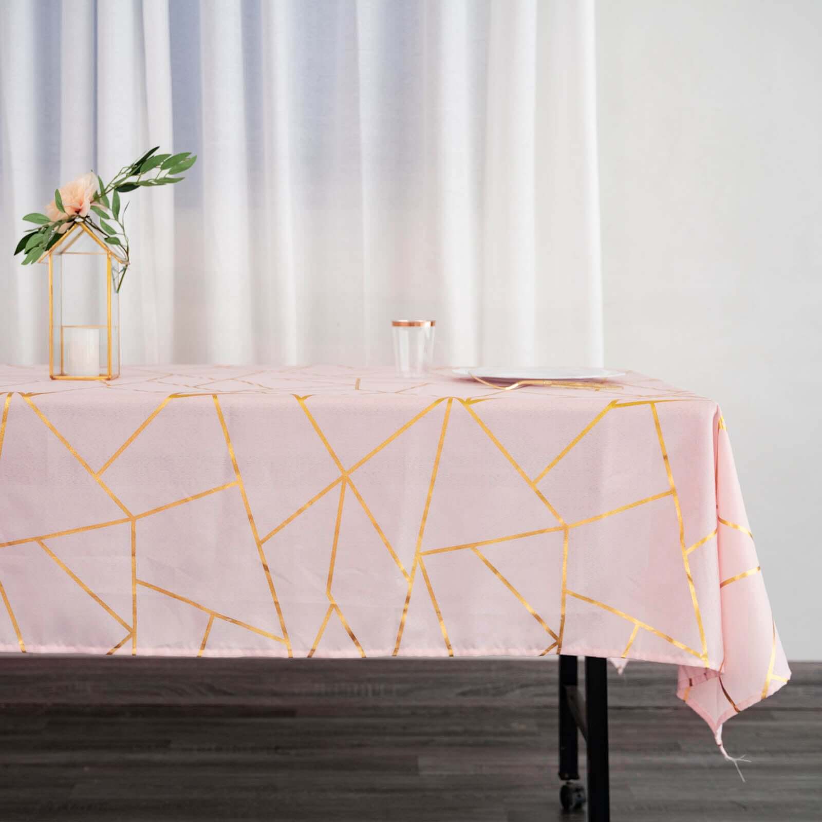 Wrinkle-Resistant & Durable Polyester Tablecloth: Blush with Gold Foil Geometric Pattern (60x102)