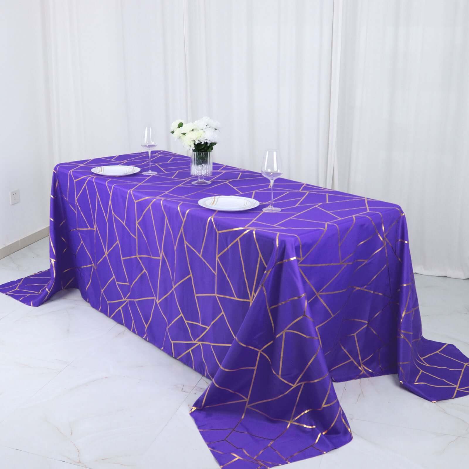 Wrinkle-Resistant Purple Polyester Tablecloth with Gold Foil Geometric Pattern, 90x132