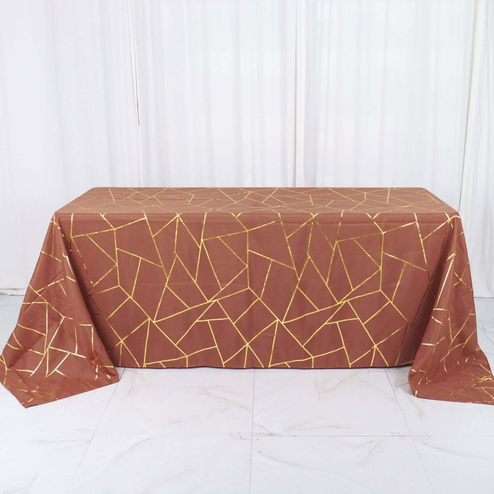 Wrinkle-Resistant Seamless Polyester Tablecloth: Terracotta with Gold Foil Geometric Pattern (90x132) - Ideal for Events