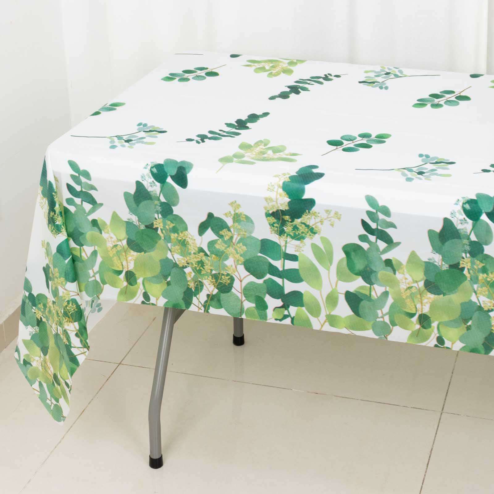 Hot Deal! 5-Pack Disposable PVC Plastic Table Covers in White/Green with Eucalyptus Print, 54x108